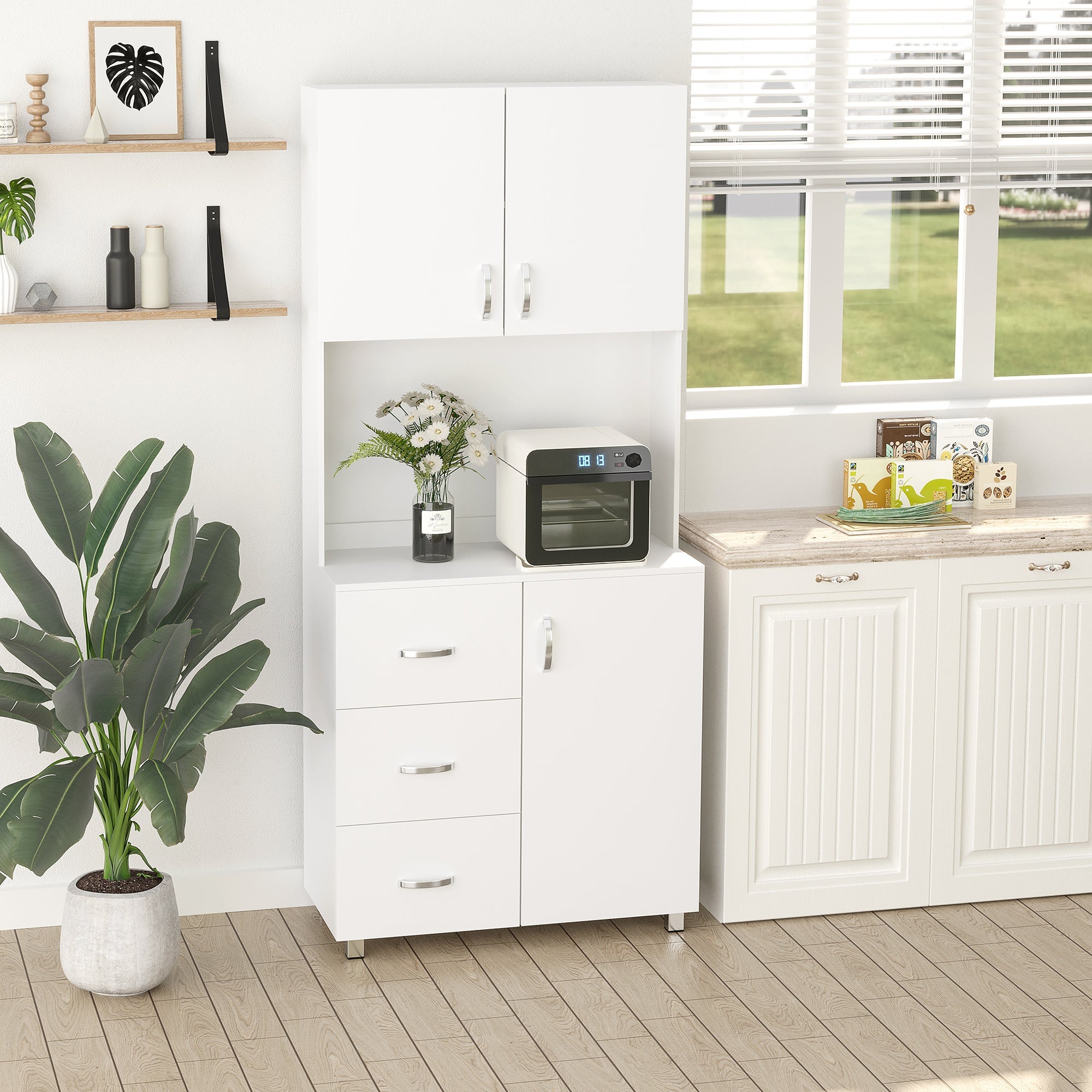 Easycomfort Credenza Moderna in Legno white with 2 Armadietti, Mensole Regolabili, 1 Ripiano Aperto e 3 Cassetti, 80x39.5x183.5cm