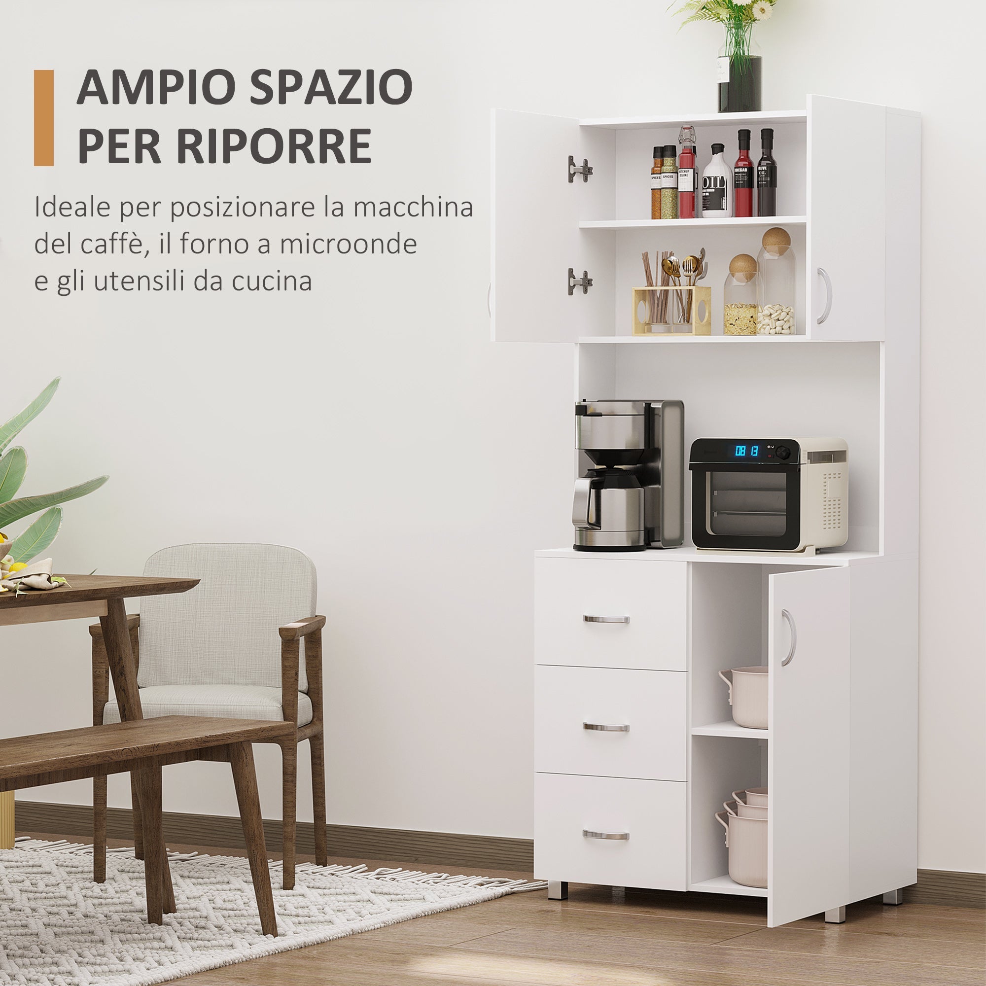 Easycomfort Credenza Moderna in Legno white with 2 Armadietti, Mensole Regolabili, 1 Ripiano Aperto e 3 Cassetti, 80x39.5x183.5cm