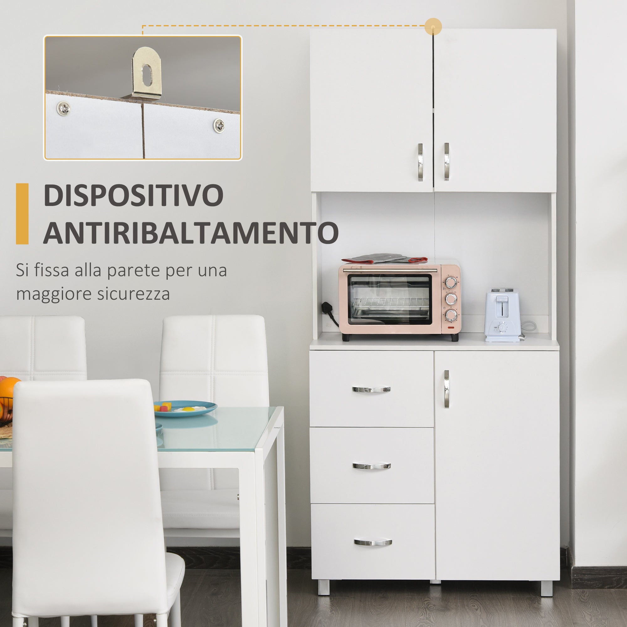 Easycomfort Credenza Moderna in Legno white with 2 Armadietti, Mensole Regolabili, 1 Ripiano Aperto e 3 Cassetti, 80x39.5x183.5cm
