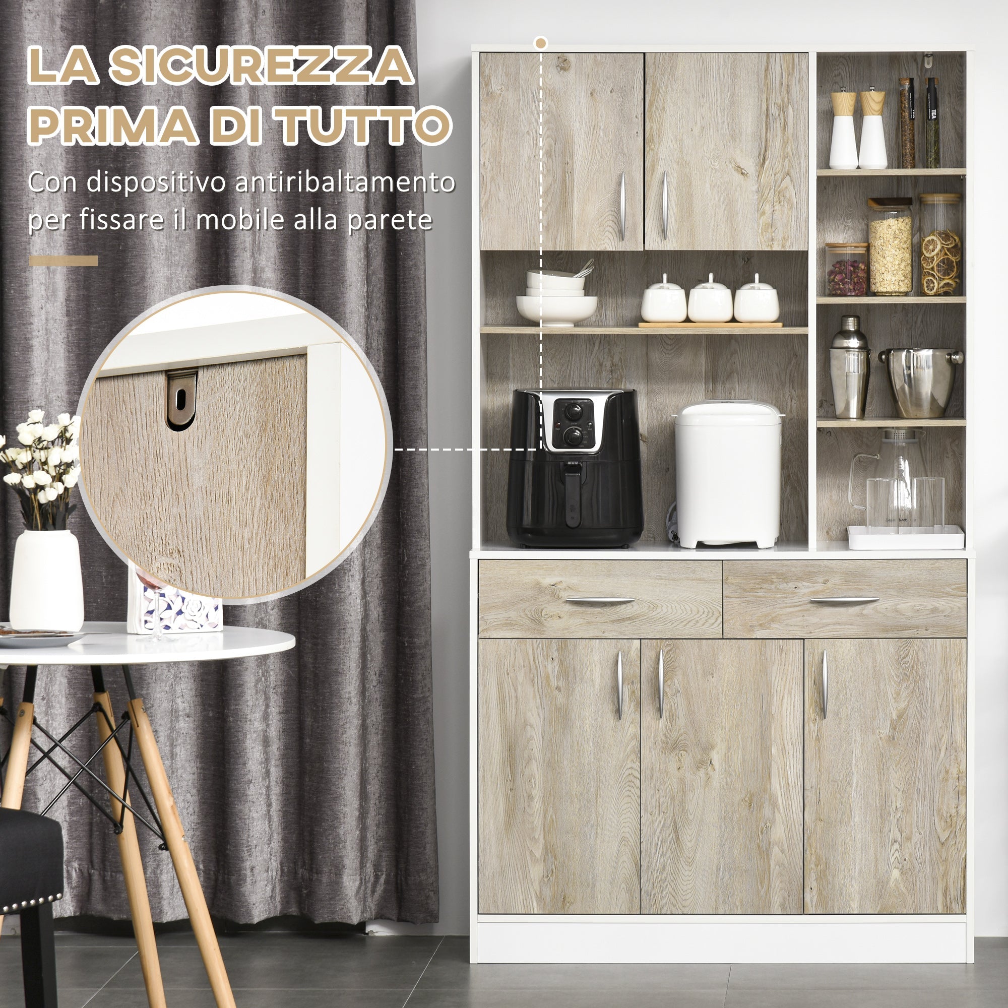 Easycomfort Mobile Buffet Dispensa Cucina, Ante Cassetti e Vani Aperti, 100L x 39P x 181.5Acm white e Legno