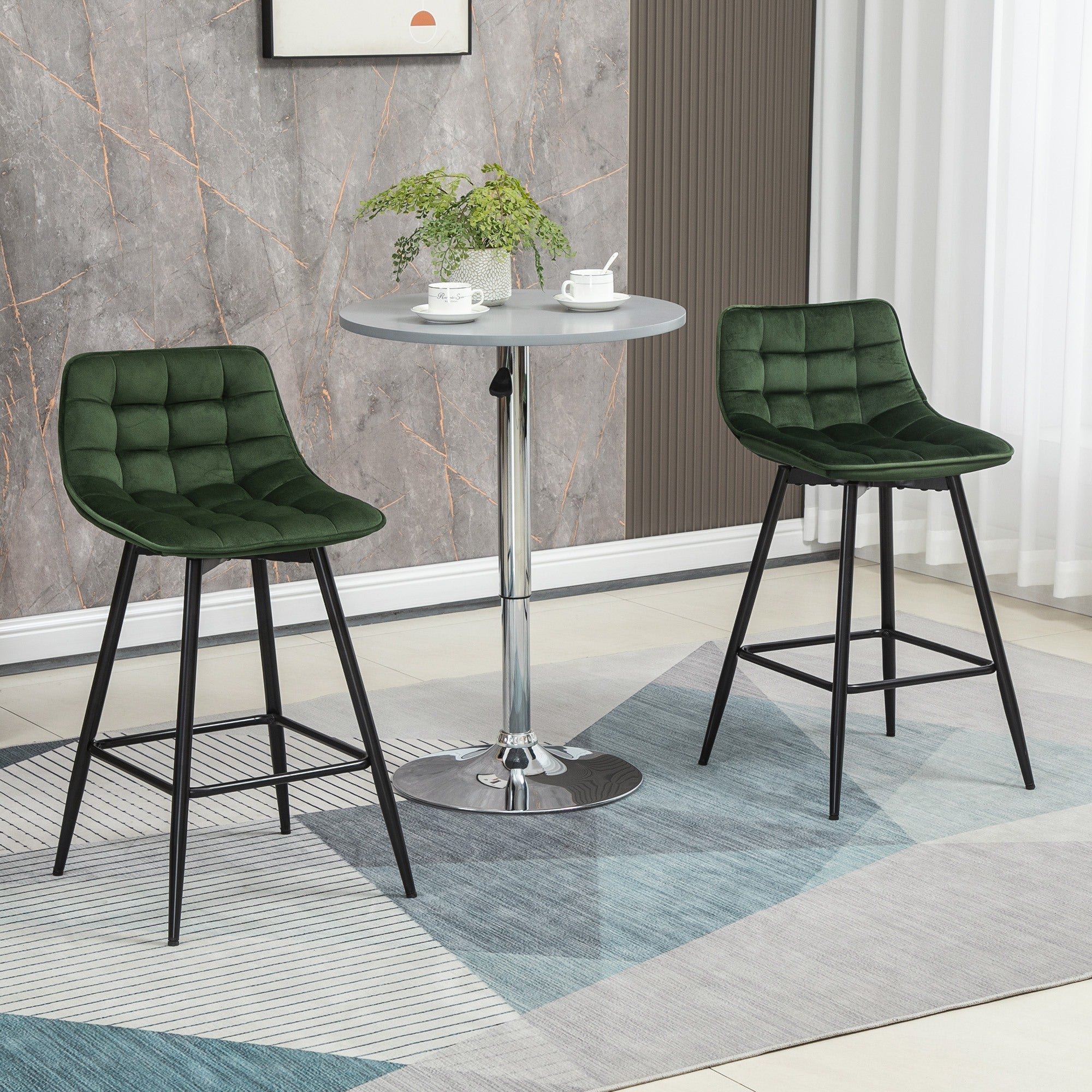 Easycomfort Set 2 Sgabelli da Bar with Schienale e Poggiapiedi Stile Nordico in Metallo e Velluto, Verde, 45x47x84cm