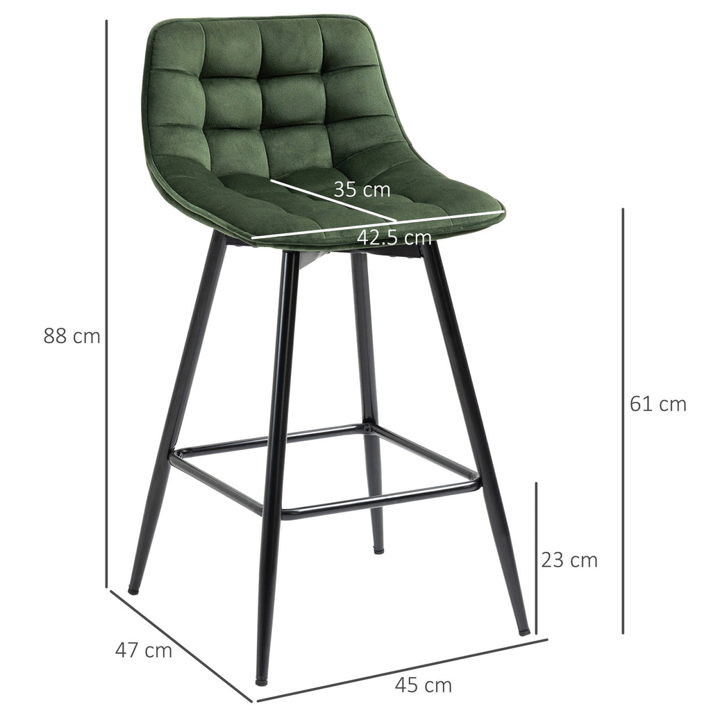 Easycomfort Set 2 Sgabelli da Bar with Schienale e Poggiapiedi Stile Nordico in Metallo e Velluto, Verde, 45x47x84cm