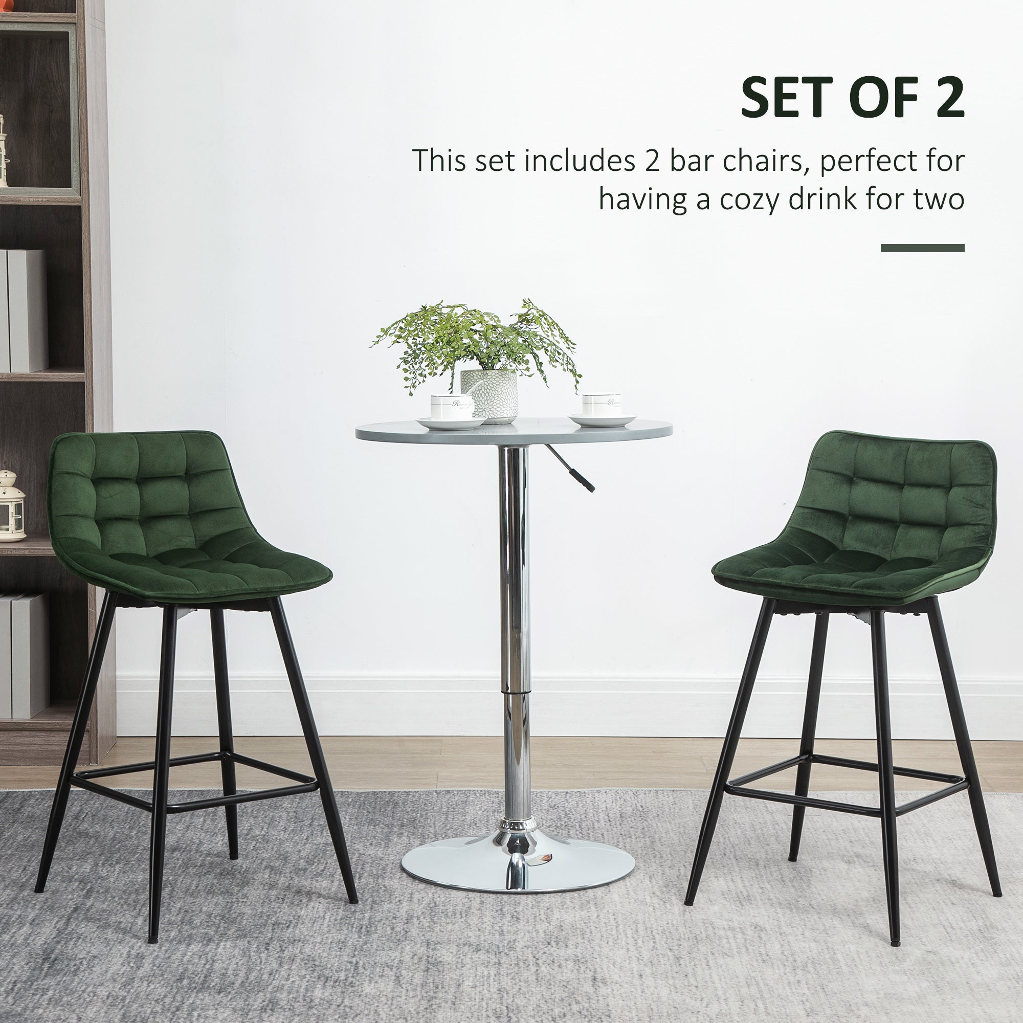 Easycomfort Set 2 Sgabelli da Bar with Schienale e Poggiapiedi Stile Nordico in Metallo e Velluto, Verde, 45x47x84cm