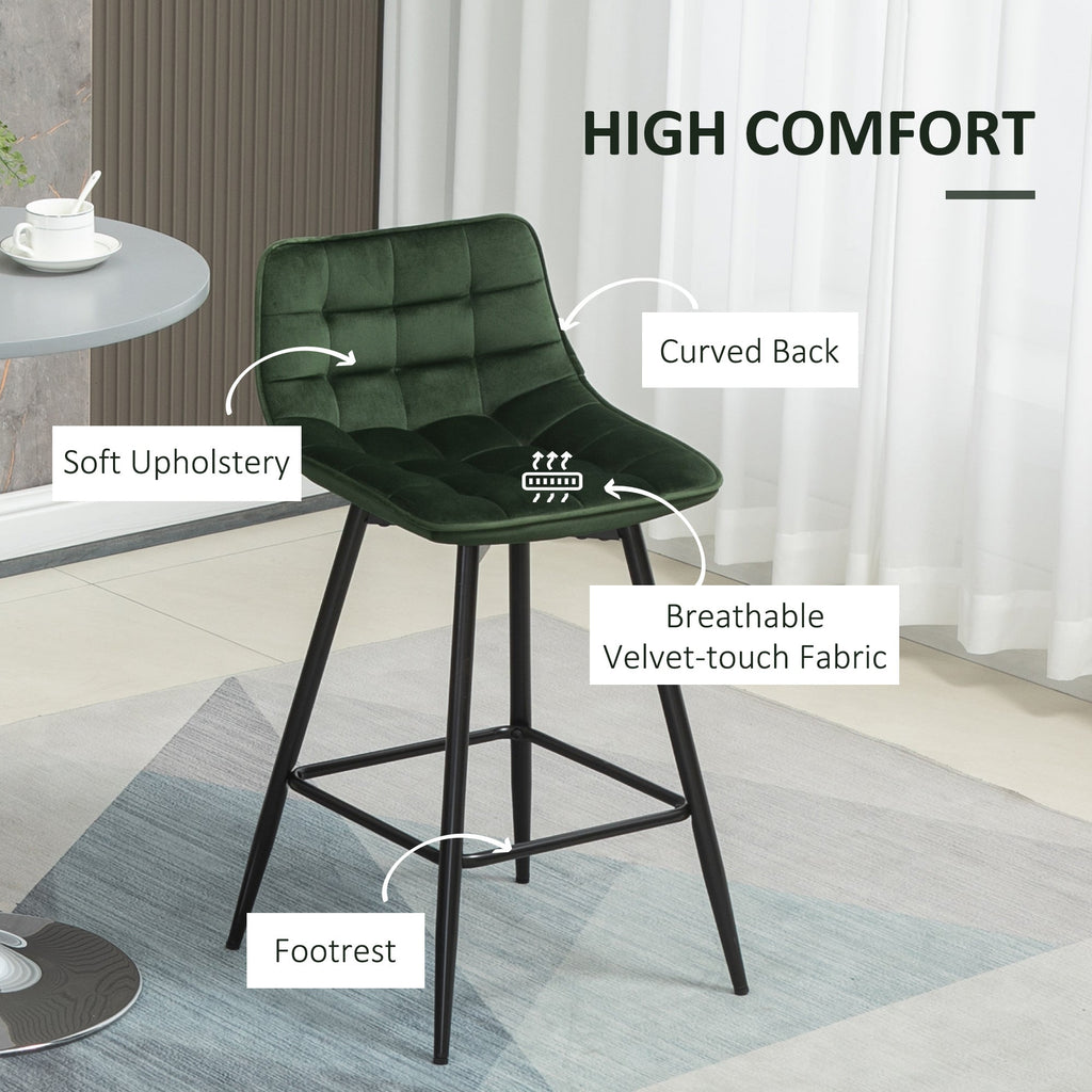 Easycomfort Set 2 Sgabelli da Bar with Schienale e Poggiapiedi Stile Nordico in Metallo e Velluto, Verde, 45x47x84cm