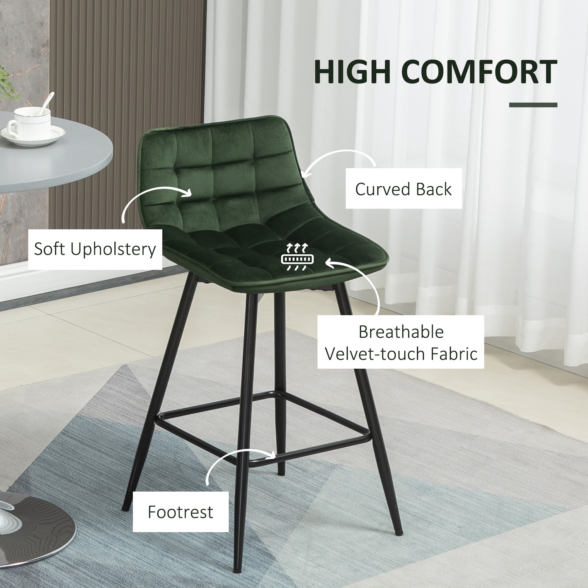 Easycomfort Set 2 Sgabelli da Bar with Schienale e Poggiapiedi Stile Nordico in Metallo e Velluto, Verde, 45x47x84cm