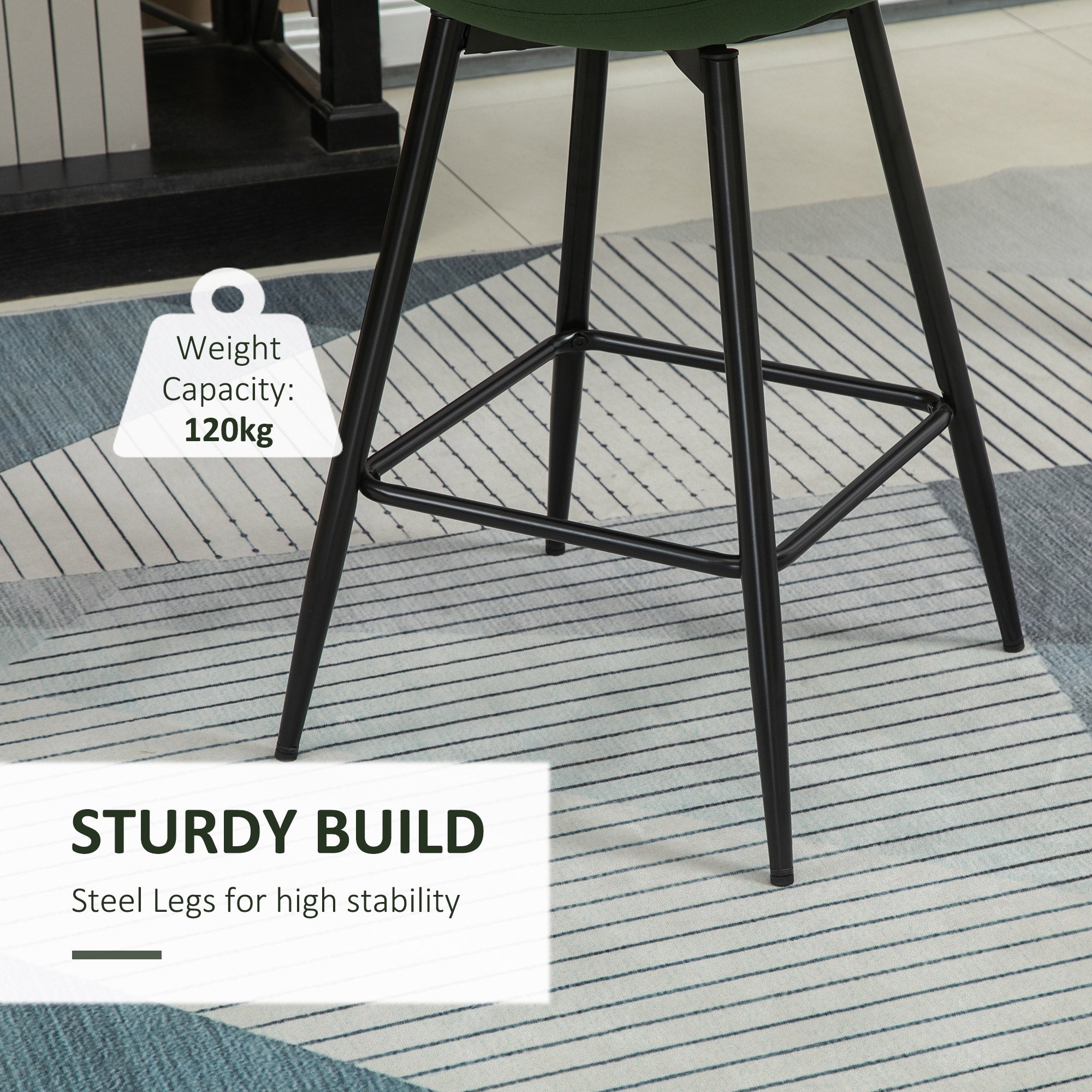 Easycomfort Set 2 Sgabelli da Bar with Schienale e Poggiapiedi Stile Nordico in Metallo e Velluto, Verde, 45x47x84cm
