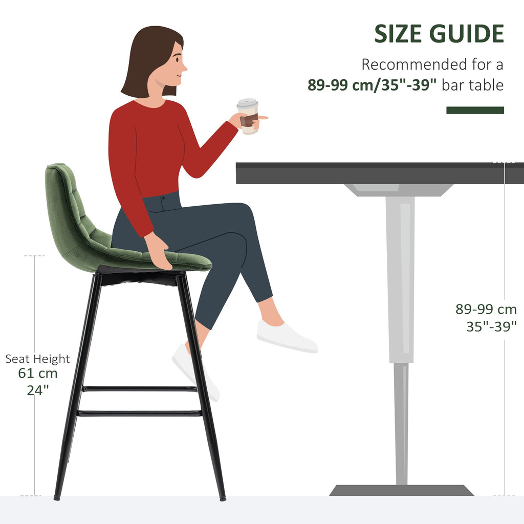Easycomfort Set 2 Sgabelli da Bar with Schienale e Poggiapiedi Stile Nordico in Metallo e Velluto, Verde, 45x47x84cm