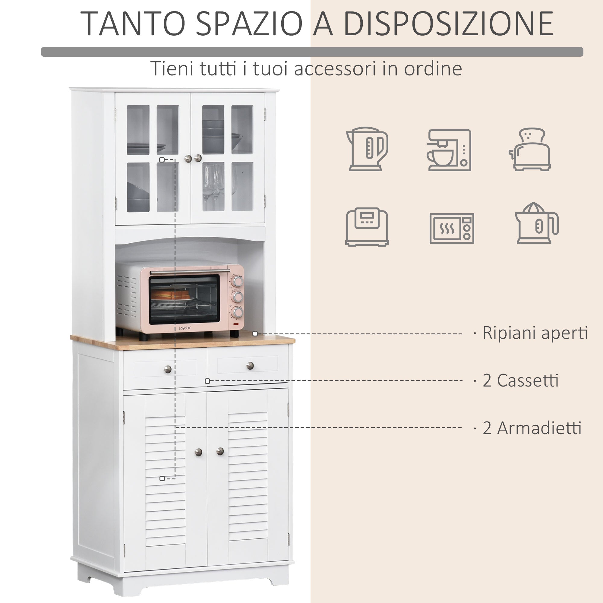 Easycomfort Credenza Alta per Cucina, Mobile Buffet in Legno white, Armadio Dispensa in Stile Classico, white, 68x39.5x170cm