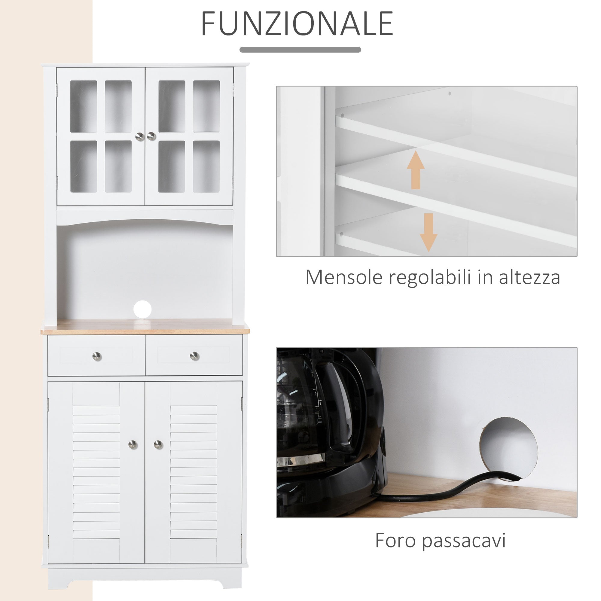 Easycomfort Credenza Alta per Cucina, Mobile Buffet in Legno white, Armadio Dispensa in Stile Classico, white, 68x39.5x170cm