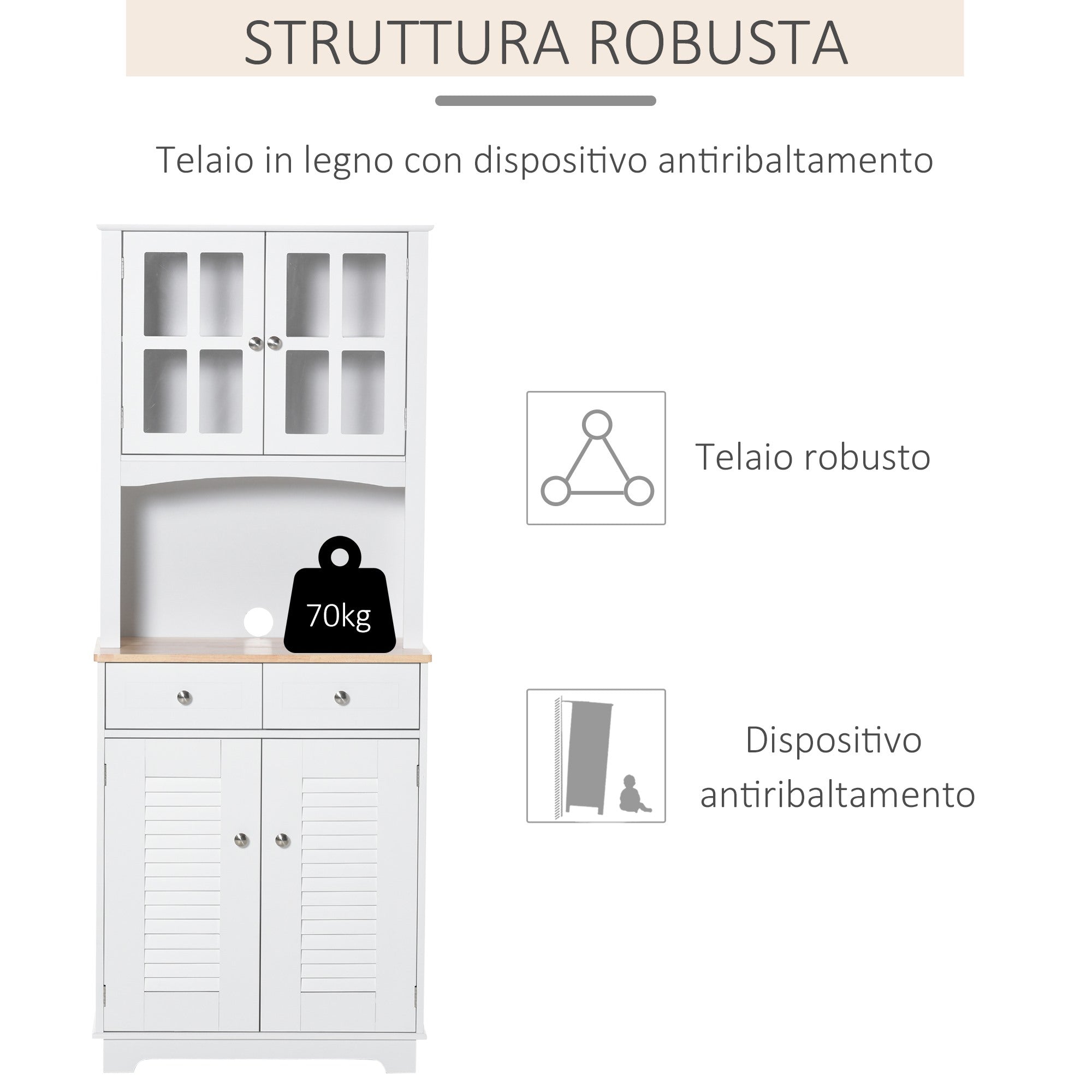 Easycomfort Credenza Alta per Cucina, Mobile Buffet in Legno white, Armadio Dispensa in Stile Classico, white, 68x39.5x170cm