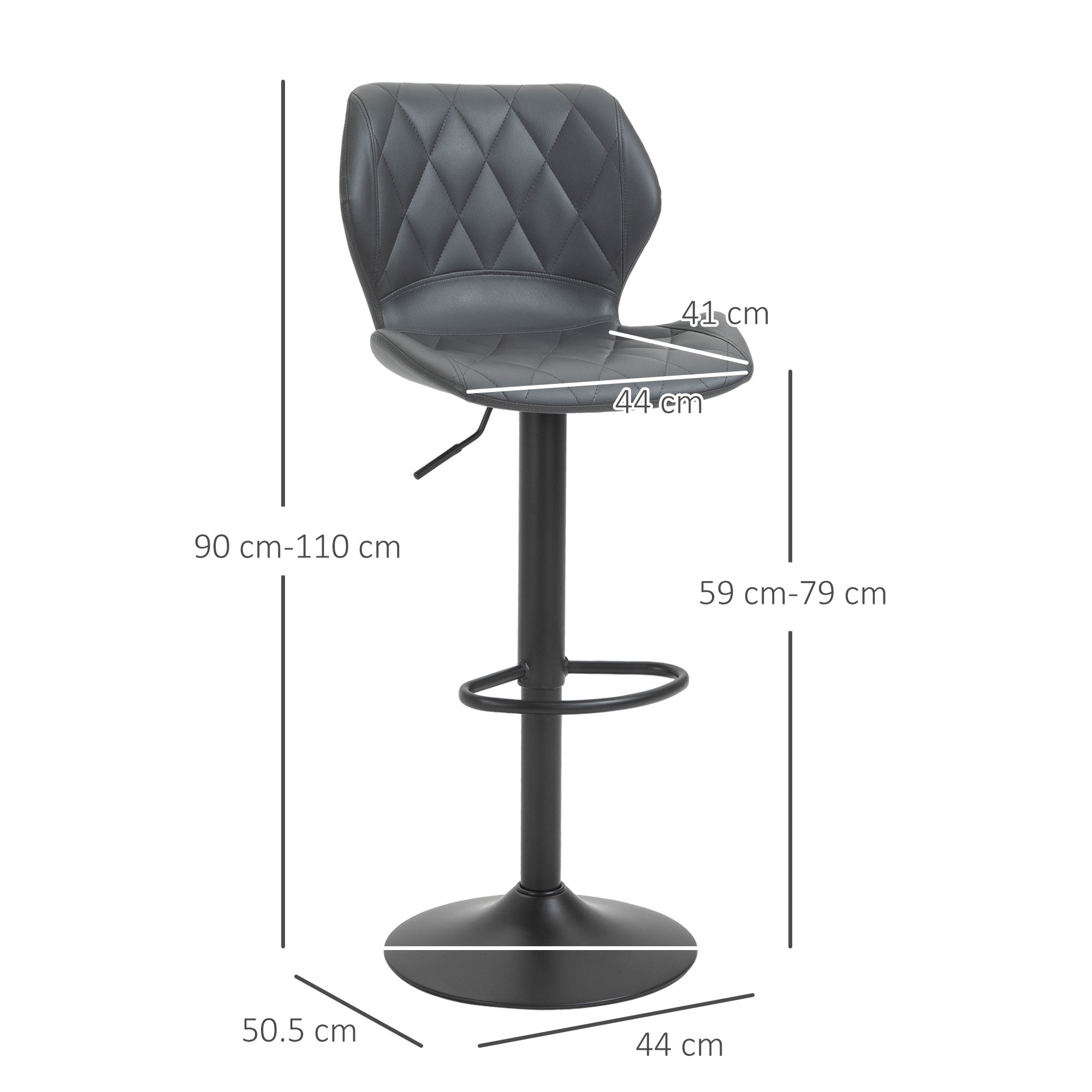 Easycomfort Set di 2 Sgabelli da Bar Alti in Finta Pelle with Altezza Regolabile, Sgabelli Cucina Girevoli with Schienale e Poggiapiedi, 44x50.5x90-110cm Grigio