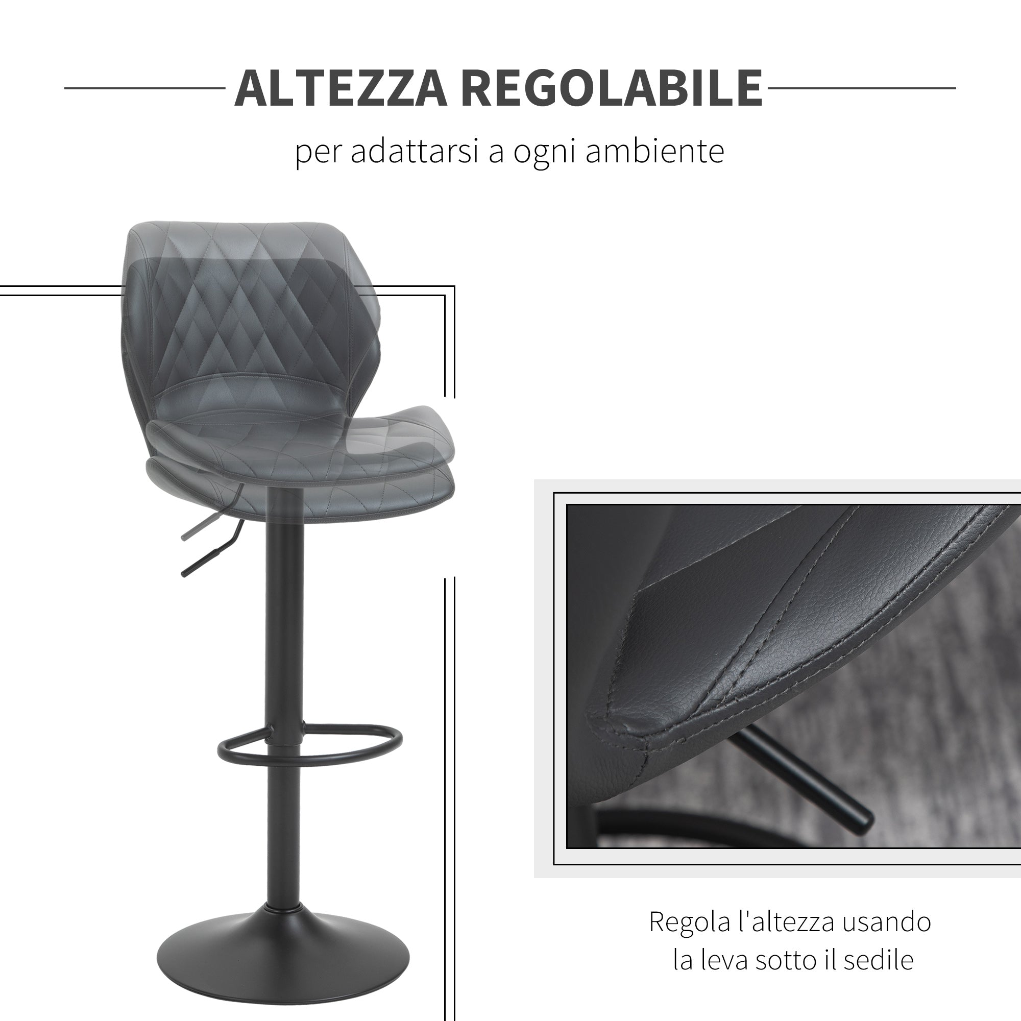 Easycomfort Set di 2 Sgabelli da Bar Alti in Finta Pelle with Altezza Regolabile, Sgabelli Cucina Girevoli with Schienale e Poggiapiedi, 44x50.5x90-110cm Grigio