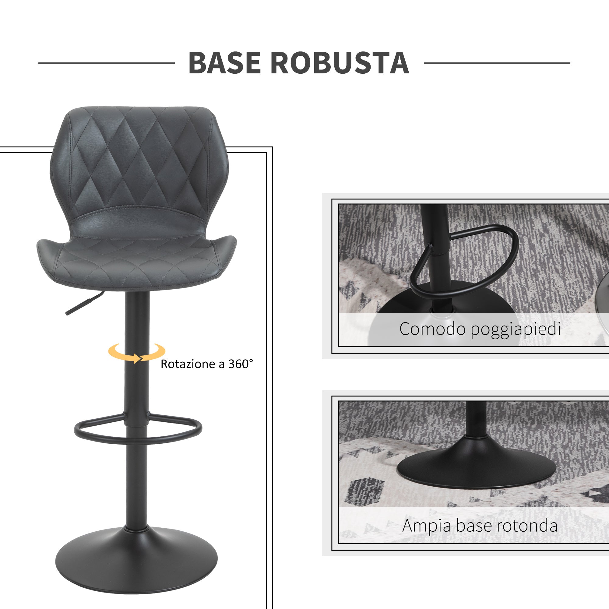 Easycomfort Set di 2 Sgabelli da Bar Alti in Finta Pelle with Altezza Regolabile, Sgabelli Cucina Girevoli with Schienale e Poggiapiedi, 44x50.5x90-110cm Grigio