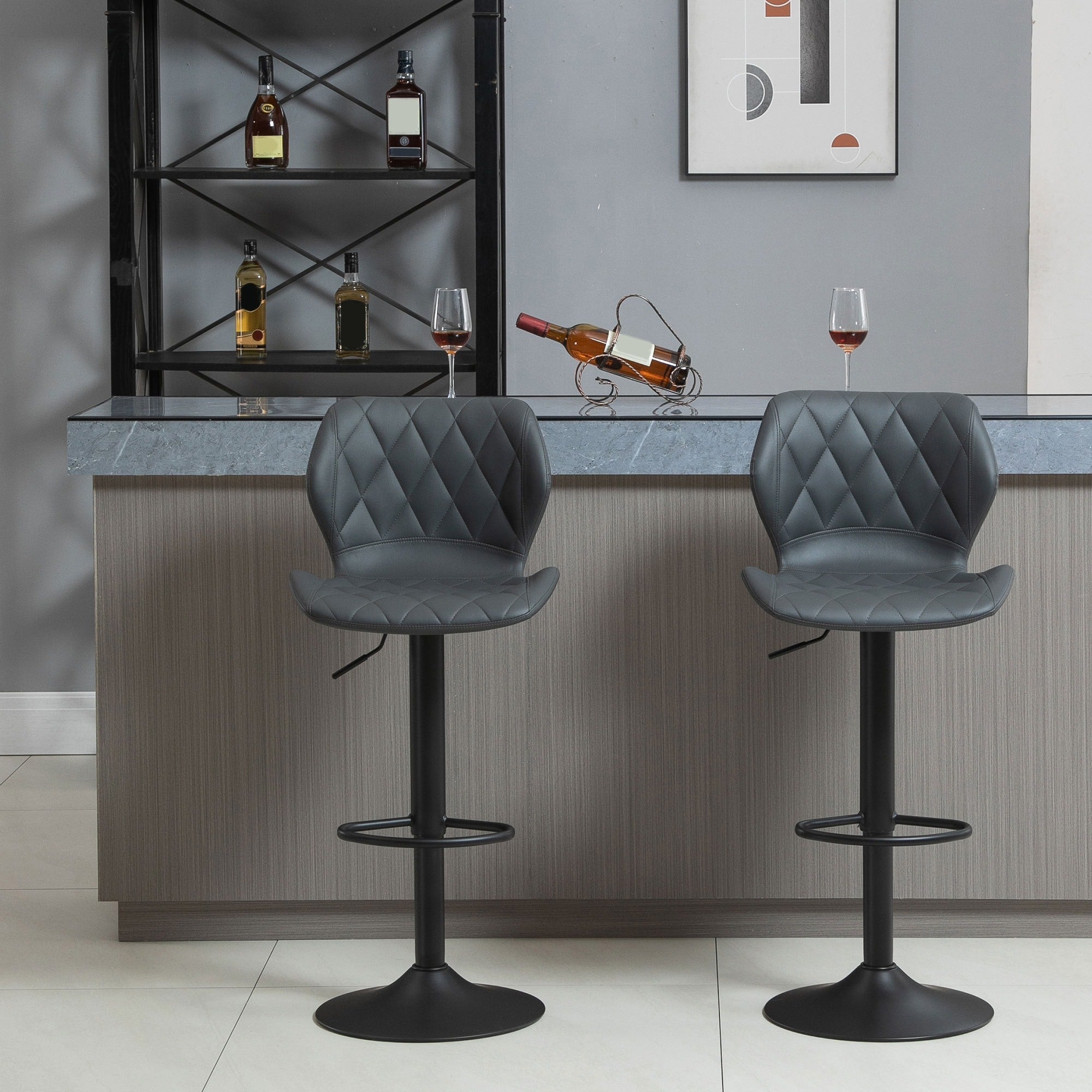 Easycomfort Set di 2 Sgabelli da Bar Alti in Finta Pelle with Altezza Regolabile, Sgabelli Cucina Girevoli with Schienale e Poggiapiedi, 44x50.5x90-110cm Grigio