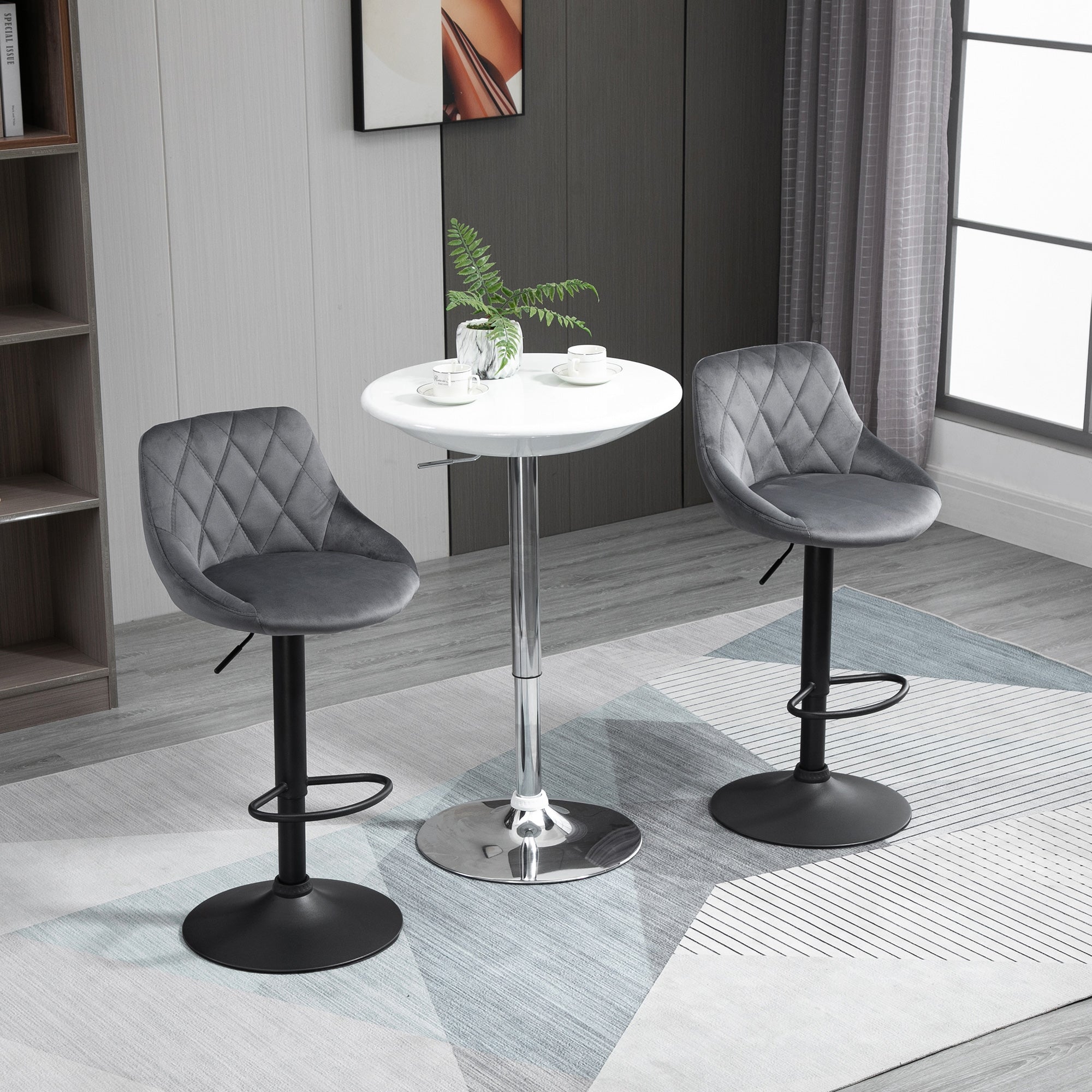 Easycomfort Set 2 Sgabelli da Bar, Altezza Regolabile with Base in Metallo e Seduta in Velluto, Sgabelli Moderni with Schienale e Poggiapiedi, 46x48x83-104cm, Grigio e black