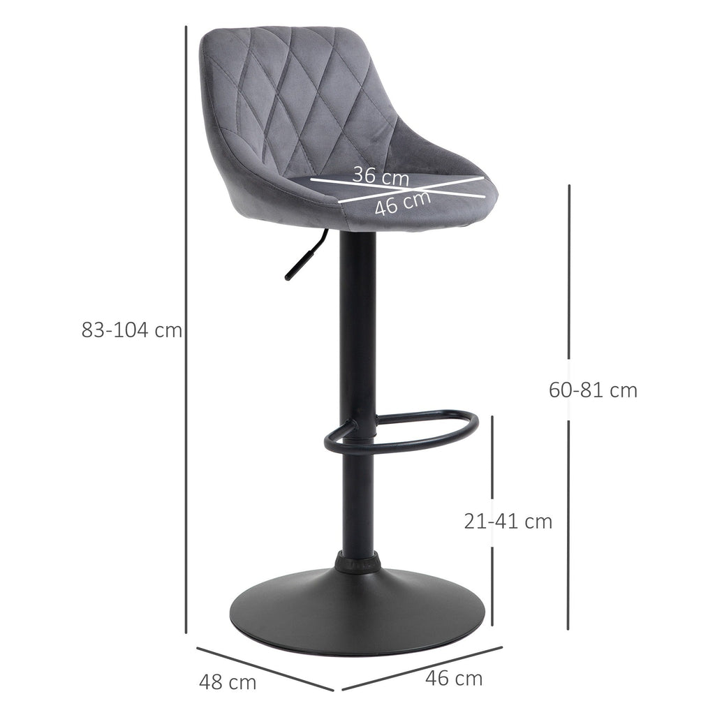 Easycomfort Set 2 Sgabelli da Bar, Altezza Regolabile with Base in Metallo e Seduta in Velluto, Sgabelli Moderni with Schienale e Poggiapiedi, 46x48x83-104cm, Grigio e black