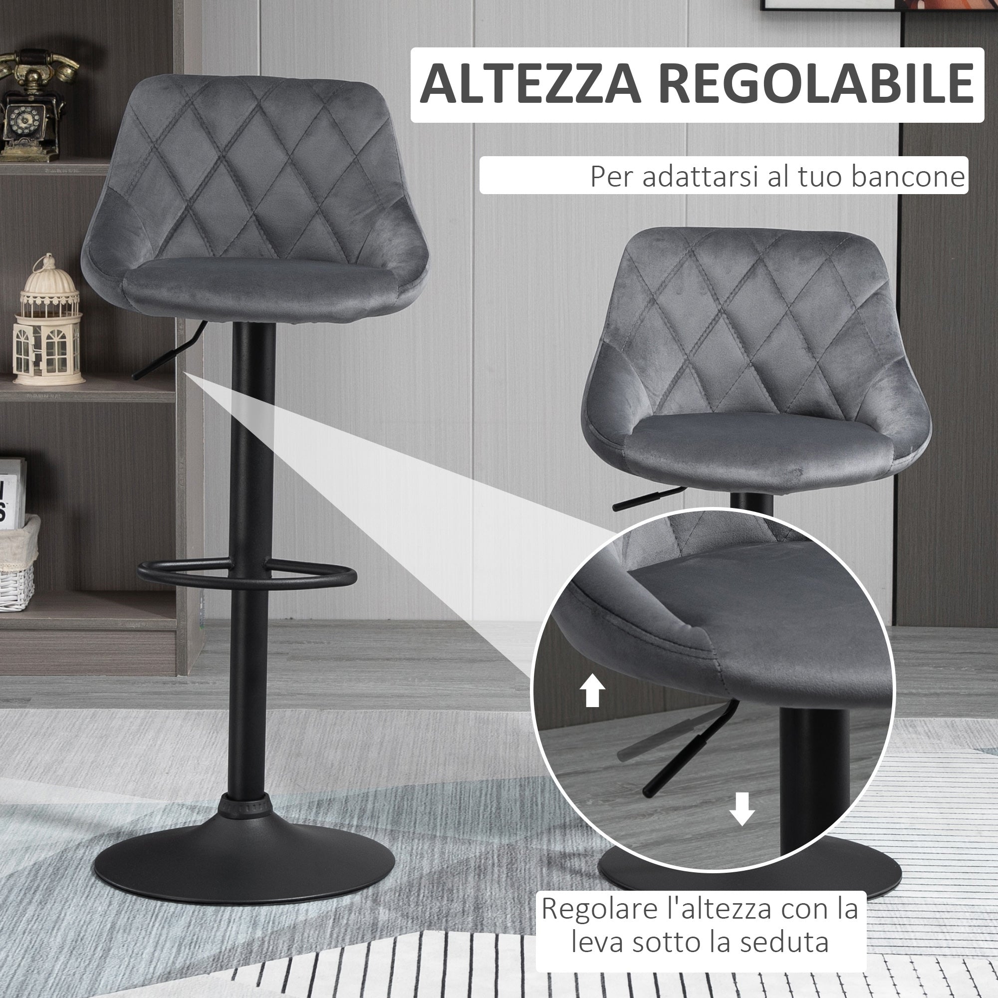 Easycomfort Set 2 Sgabelli da Bar, Altezza Regolabile with Base in Metallo e Seduta in Velluto, Sgabelli Moderni with Schienale e Poggiapiedi, 46x48x83-104cm, Grigio e black
