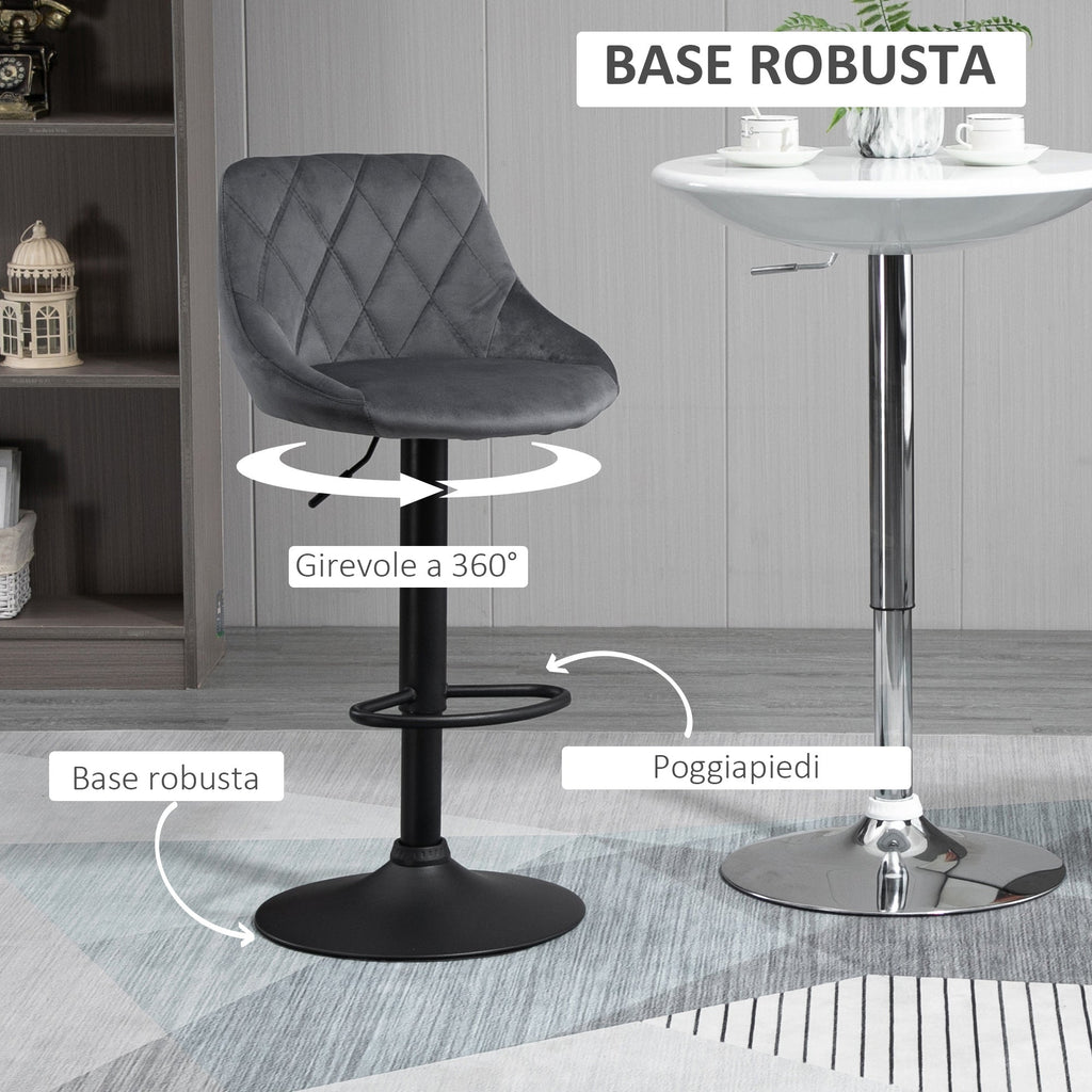 Easycomfort Set 2 Sgabelli da Bar, Altezza Regolabile with Base in Metallo e Seduta in Velluto, Sgabelli Moderni with Schienale e Poggiapiedi, 46x48x83-104cm, Grigio e black