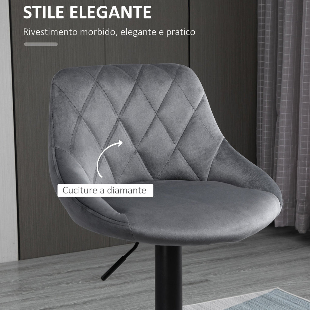 Easycomfort Set 2 Sgabelli da Bar, Altezza Regolabile with Base in Metallo e Seduta in Velluto, Sgabelli Moderni with Schienale e Poggiapiedi, 46x48x83-104cm, Grigio e black