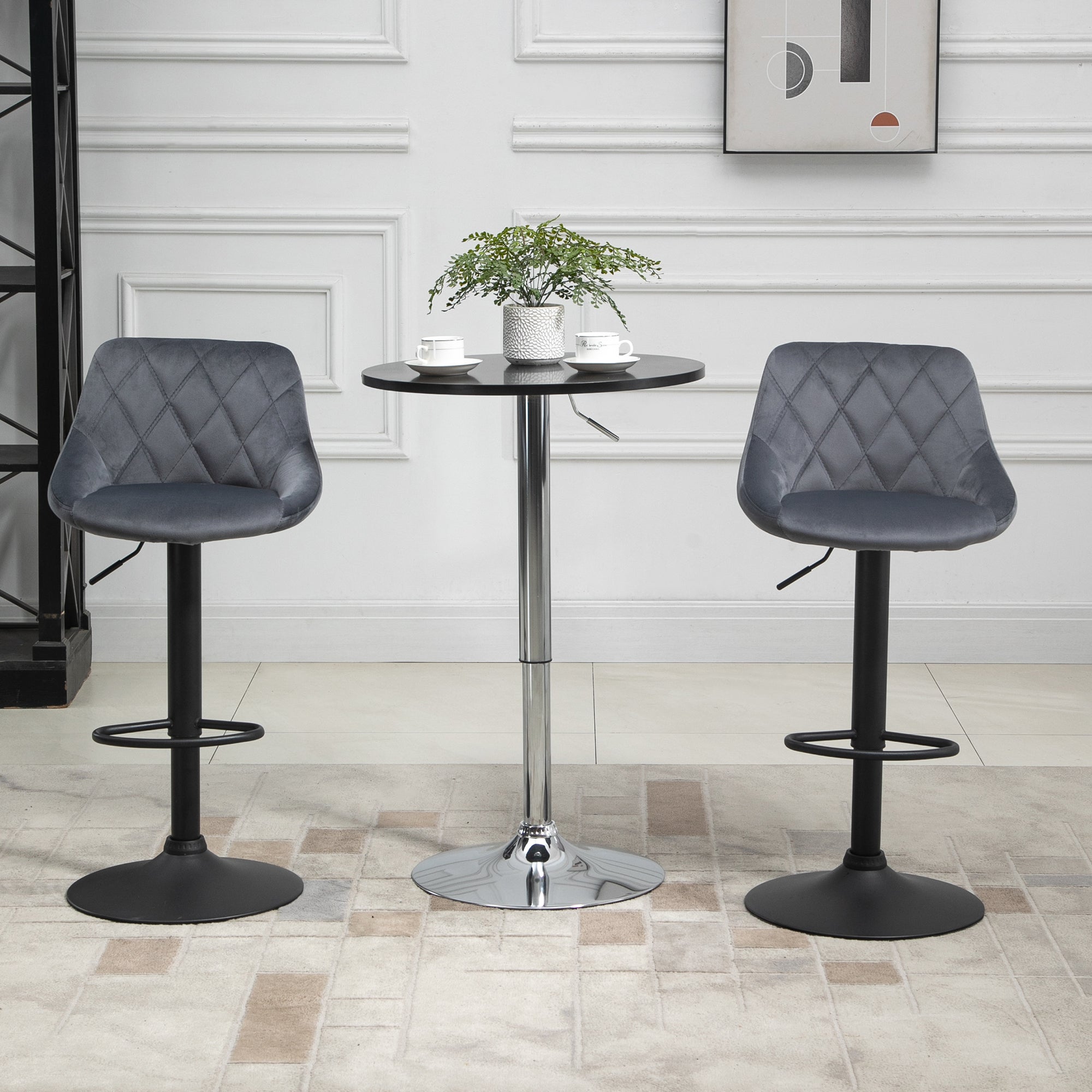 Easycomfort Set 2 Sgabelli da Bar, Altezza Regolabile with Base in Metallo e Seduta in Velluto, Sgabelli Moderni with Schienale e Poggiapiedi, 46x48x83-104cm, Grigio e black