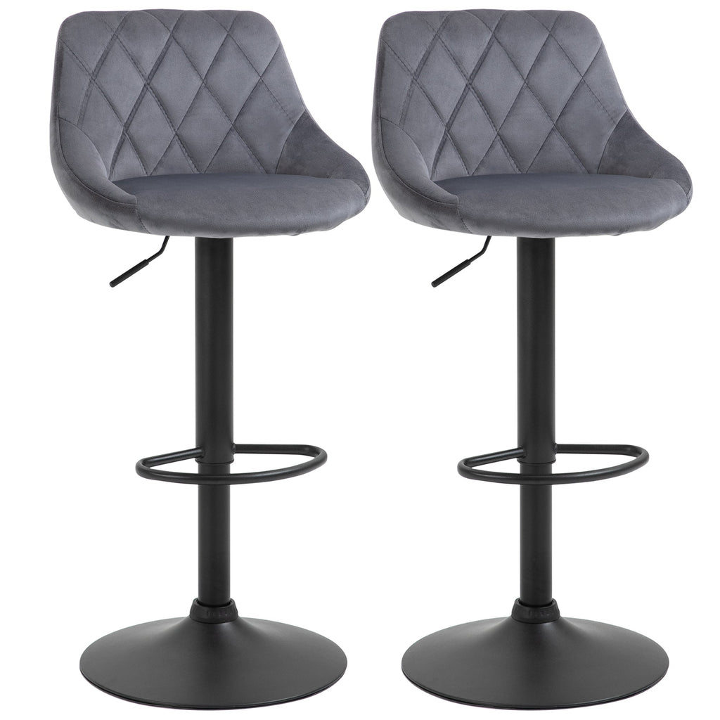Easycomfort Set 2 Sgabelli da Bar, Altezza Regolabile with Base in Metallo e Seduta in Velluto, Sgabelli Moderni with Schienale e Poggiapiedi, 46x48x83-104cm, Grigio e black