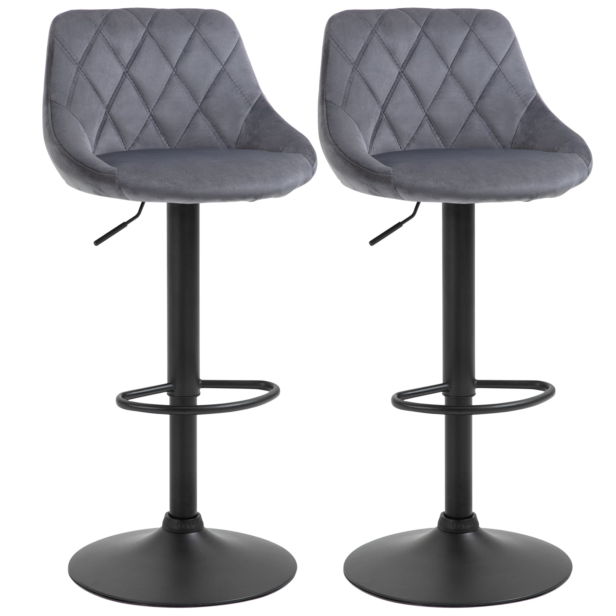 Easycomfort Set 2 Sgabelli da Bar, Altezza Regolabile with Base in Metallo e Seduta in Velluto, Sgabelli Moderni with Schienale e Poggiapiedi, 46x48x83-104cm, Grigio e black