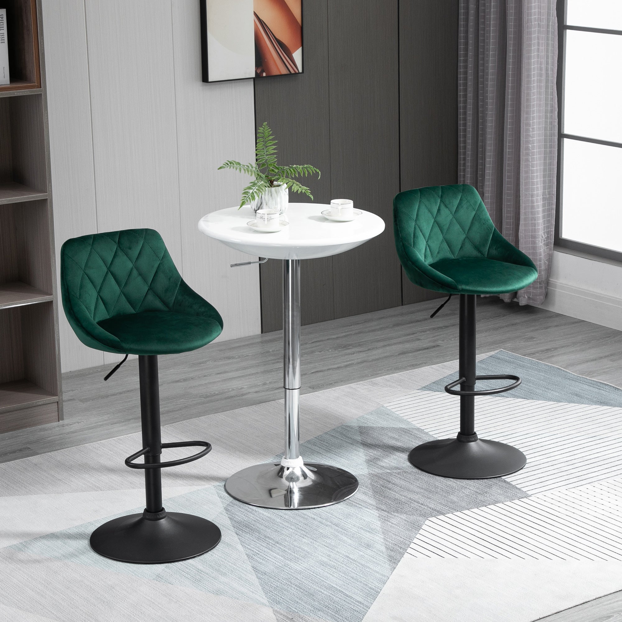 Easycomfort Set 2 Sgabelli da Bar, Altezza Regolabile with Base in Metallo e Seduta in Velluto, Sgabelli Moderni with Schienale e Poggiapiedi, 46x48x83-104 cm, Verde