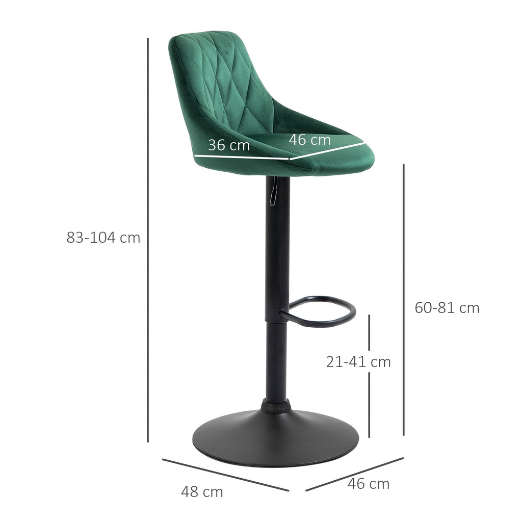Easycomfort Set 2 Sgabelli da Bar, Altezza Regolabile with Base in Metallo e Seduta in Velluto, Sgabelli Moderni with Schienale e Poggiapiedi, 46x48x83-104 cm, Verde