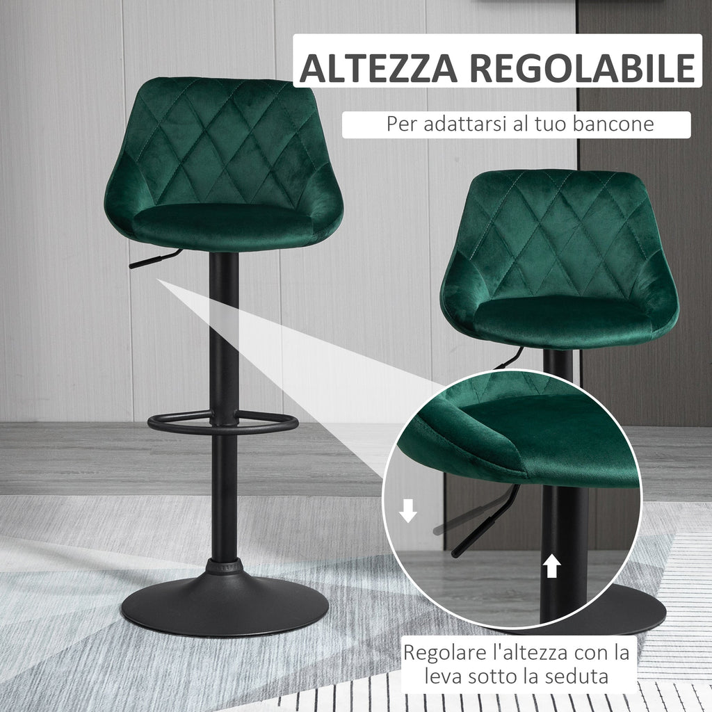 Easycomfort Set 2 Sgabelli da Bar, Altezza Regolabile with Base in Metallo e Seduta in Velluto, Sgabelli Moderni with Schienale e Poggiapiedi, 46x48x83-104 cm, Verde