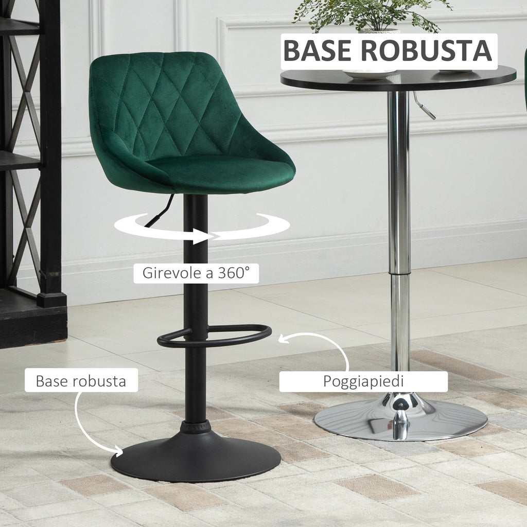 Easycomfort Set 2 Sgabelli da Bar, Altezza Regolabile with Base in Metallo e Seduta in Velluto, Sgabelli Moderni with Schienale e Poggiapiedi, 46x48x83-104 cm, Verde