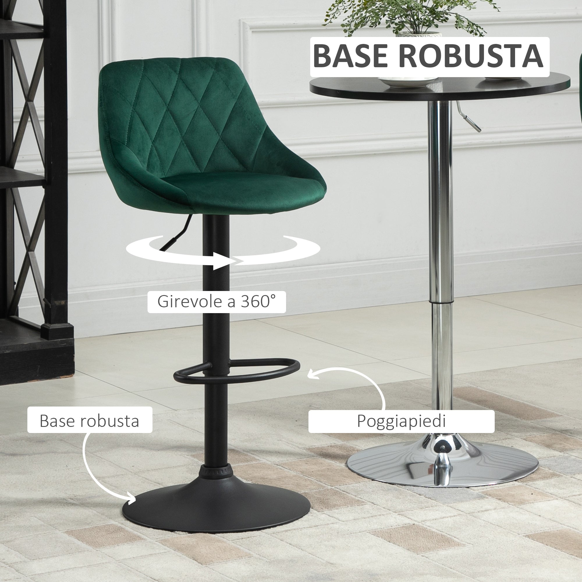 Easycomfort Set 2 Sgabelli da Bar, Altezza Regolabile with Base in Metallo e Seduta in Velluto, Sgabelli Moderni with Schienale e Poggiapiedi, 46x48x83-104 cm, Verde