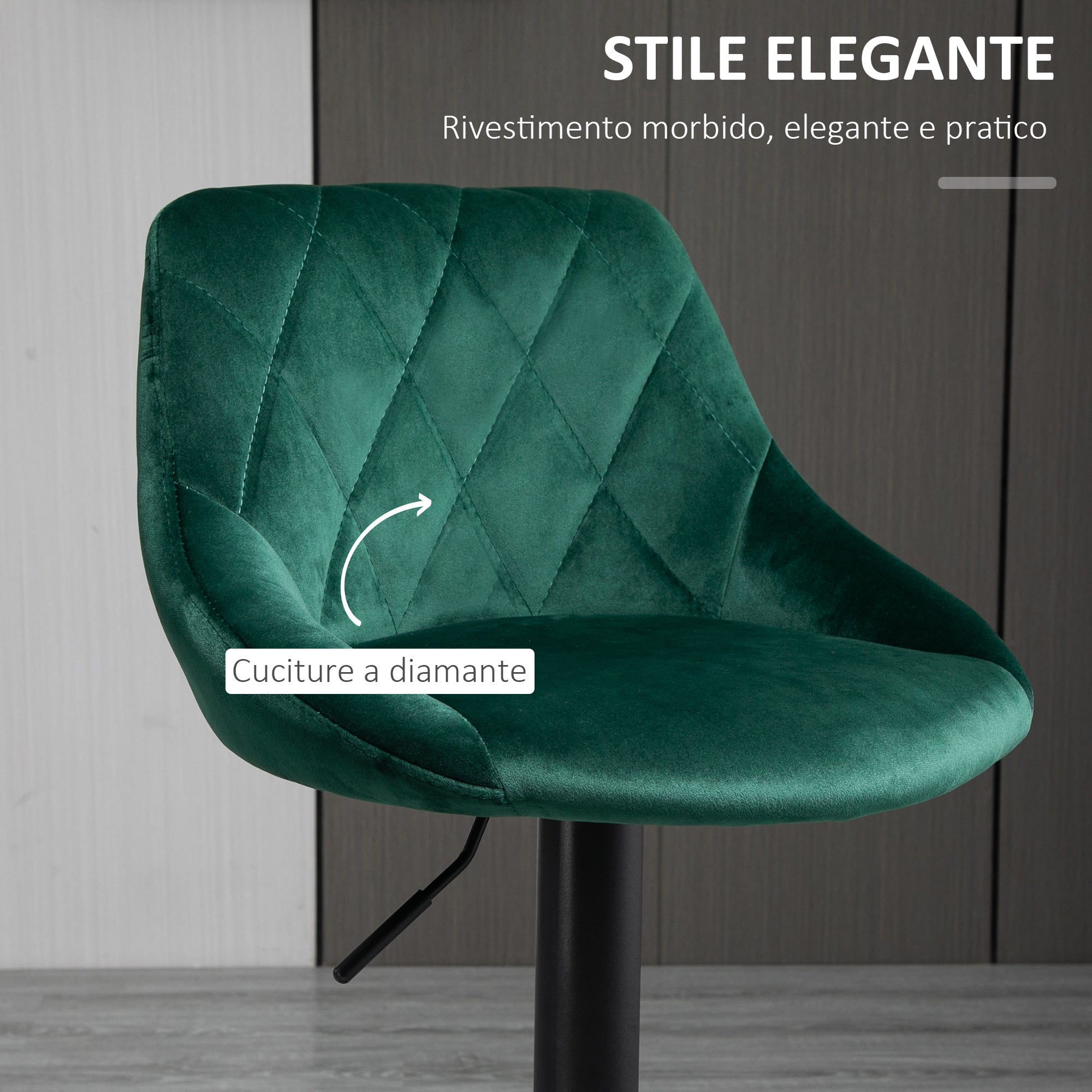 Easycomfort Set 2 Sgabelli da Bar, Altezza Regolabile with Base in Metallo e Seduta in Velluto, Sgabelli Moderni with Schienale e Poggiapiedi, 46x48x83-104 cm, Verde