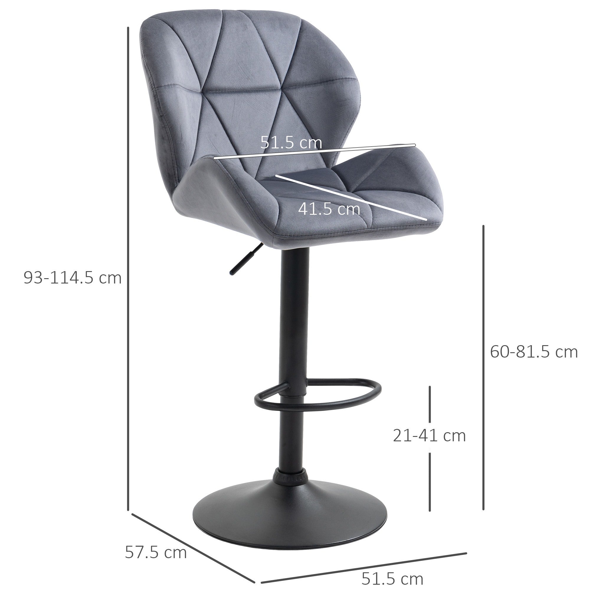 Easycomfort Set 2 Sgabelli da Bar with Altezza Regolabile Base in Metallo Seduta in Velluto, Sgabelli Cucina Alti Girevole with Schienale e Poggiapiedi, 51.5x57.5x93-114.5cm, Grigio