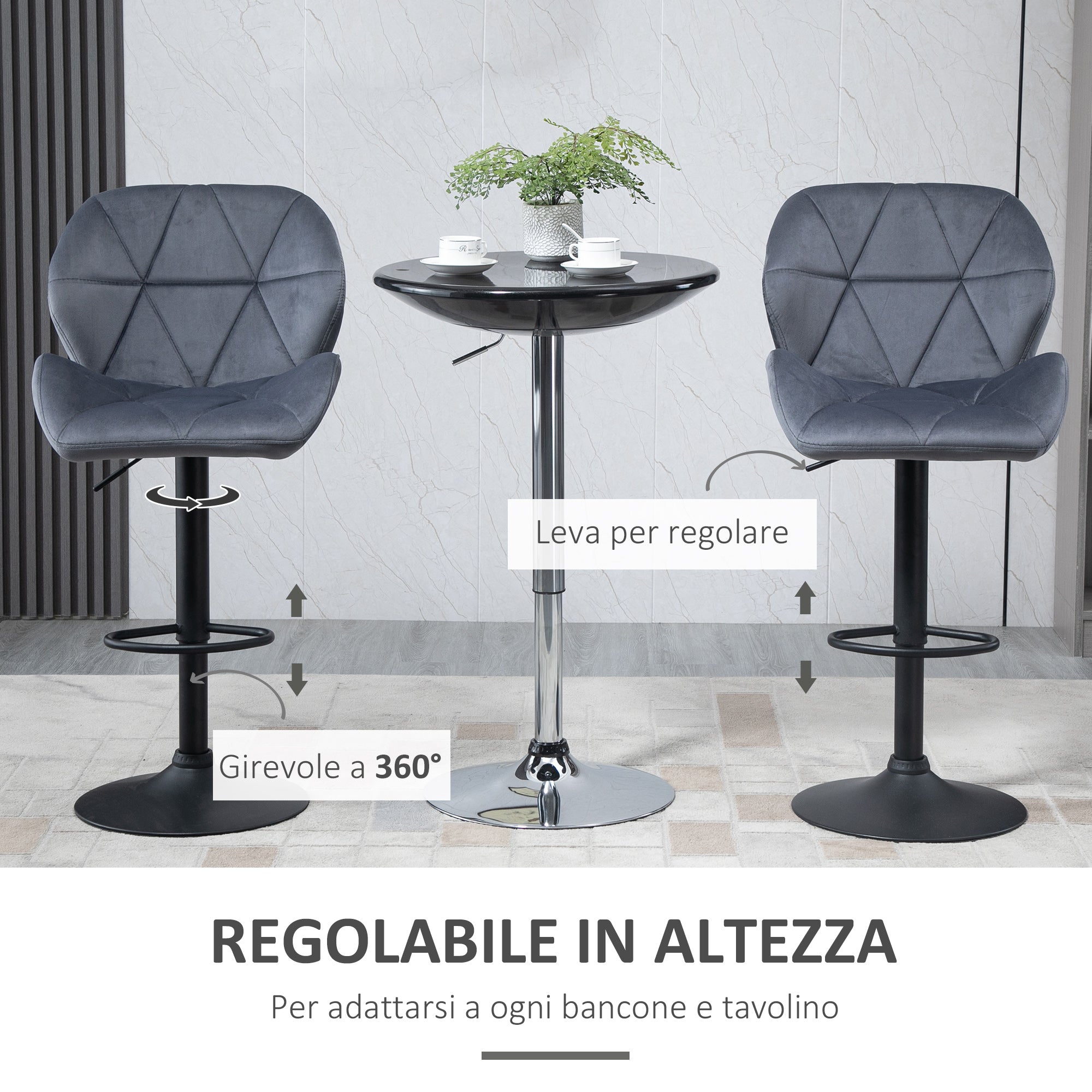 Easycomfort Set 2 Sgabelli da Bar with Altezza Regolabile Base in Metallo Seduta in Velluto, Sgabelli Cucina Alti Girevole with Schienale e Poggiapiedi, 51.5x57.5x93-114.5cm, Grigio