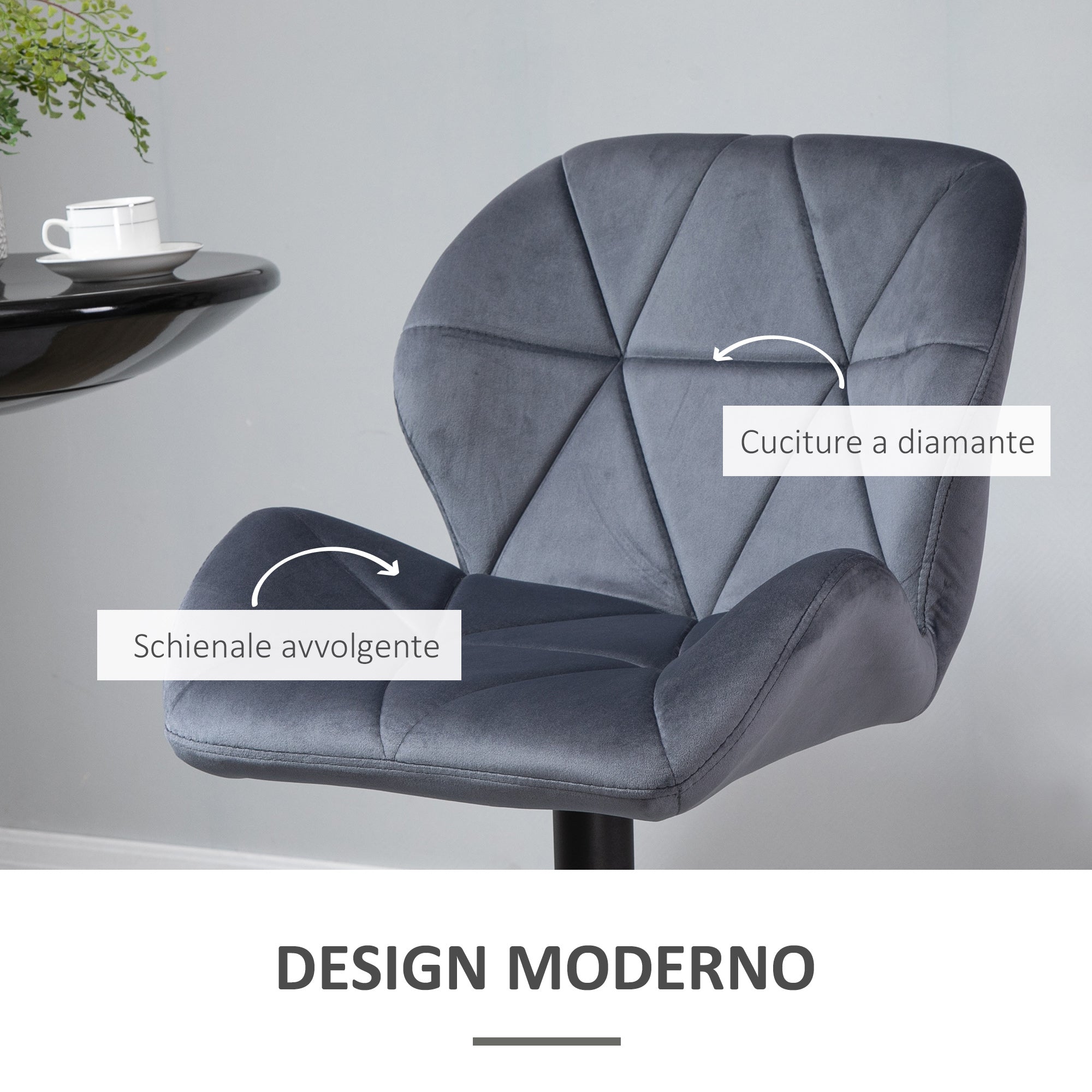 Easycomfort Set 2 Sgabelli da Bar with Altezza Regolabile Base in Metallo Seduta in Velluto, Sgabelli Cucina Alti Girevole with Schienale e Poggiapiedi, 51.5x57.5x93-114.5cm, Grigio