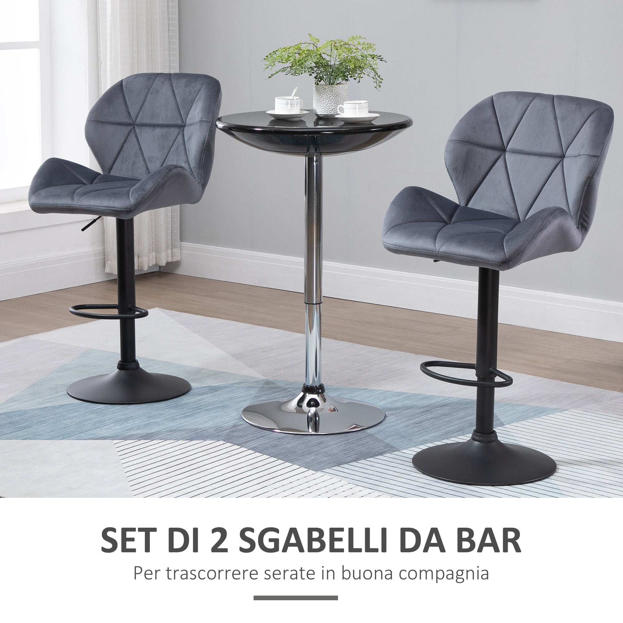 Easycomfort Set 2 Sgabelli da Bar with Altezza Regolabile Base in Metallo Seduta in Velluto, Sgabelli Cucina Alti Girevole with Schienale e Poggiapiedi, 51.5x57.5x93-114.5cm, Grigio