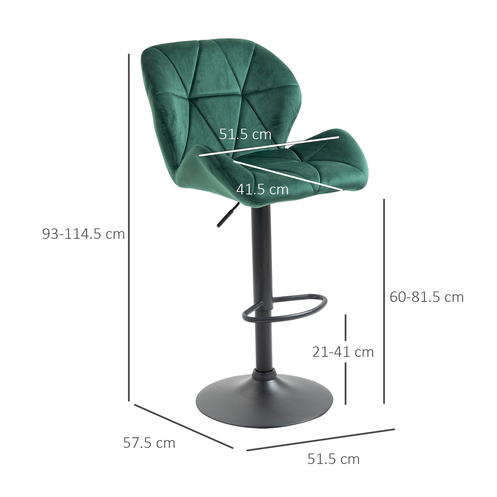Easycomfort Set 2 Sgabelli da Bar, Altezza Regolabile with Base in Metallo e Seduta in Velluto, Sgabelli Moderni with Schienale e Poggiapiedi, 46x48x83-104cm, Verde