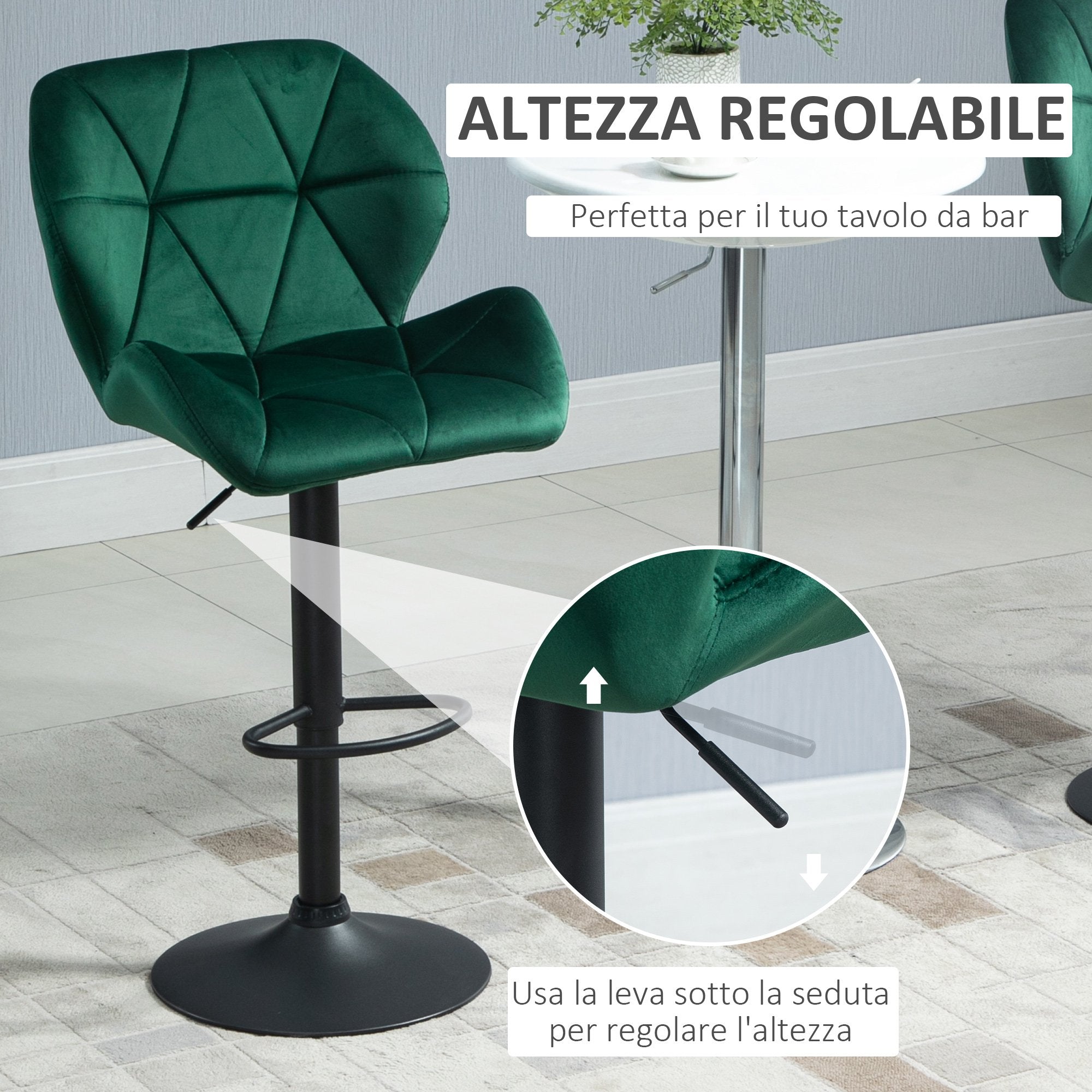Easycomfort Set 2 Sgabelli da Bar, Altezza Regolabile with Base in Metallo e Seduta in Velluto, Sgabelli Moderni with Schienale e Poggiapiedi, 46x48x83-104cm, Verde