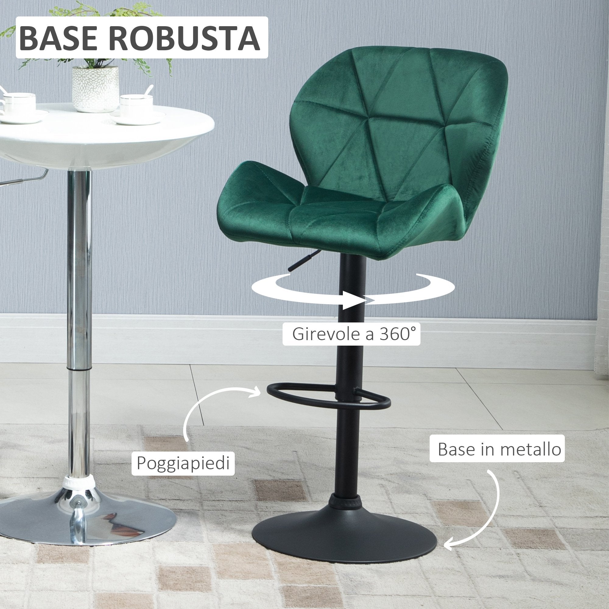 Easycomfort Set 2 Sgabelli da Bar, Altezza Regolabile with Base in Metallo e Seduta in Velluto, Sgabelli Moderni with Schienale e Poggiapiedi, 46x48x83-104cm, Verde