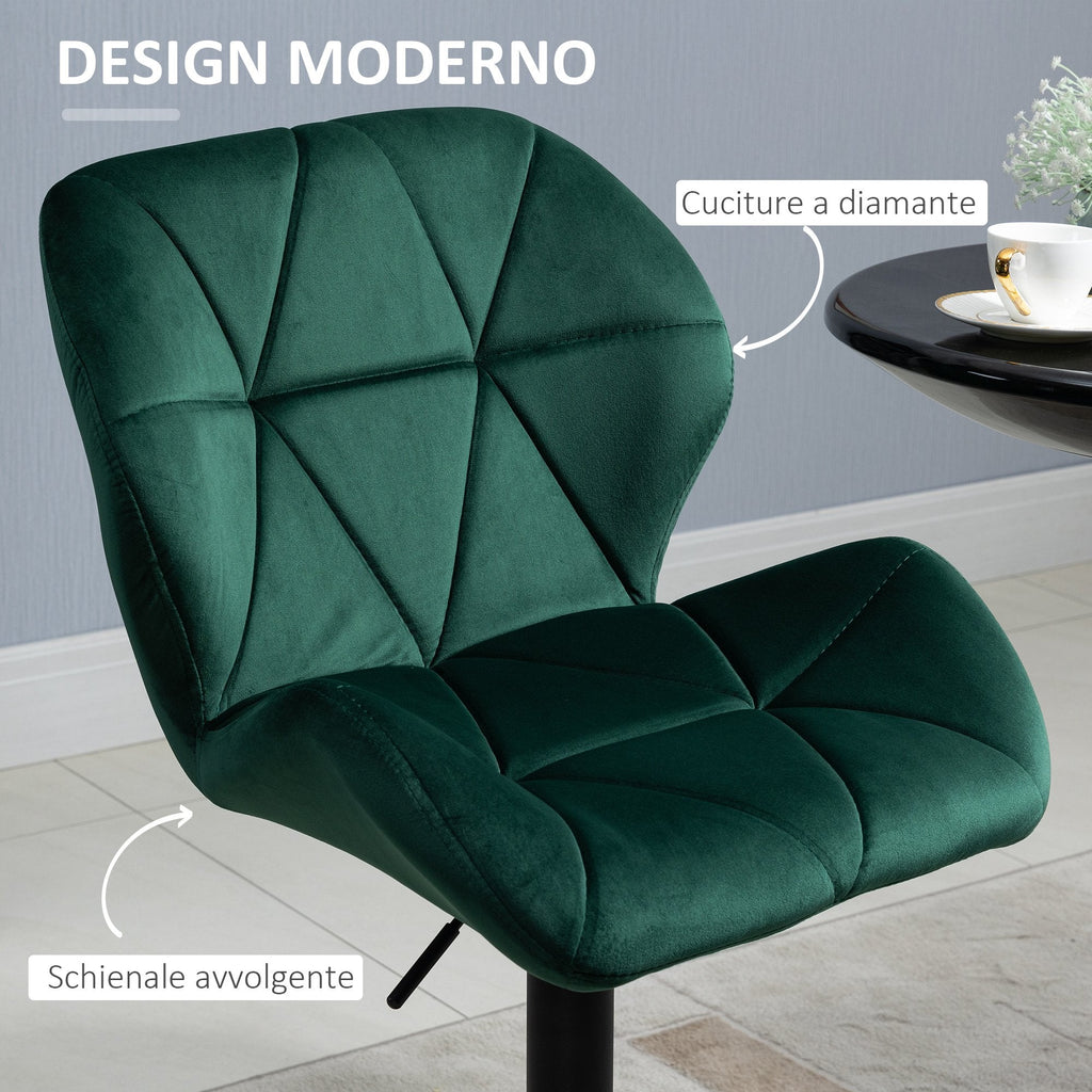 Easycomfort Set 2 Sgabelli da Bar, Altezza Regolabile with Base in Metallo e Seduta in Velluto, Sgabelli Moderni with Schienale e Poggiapiedi, 46x48x83-104cm, Verde