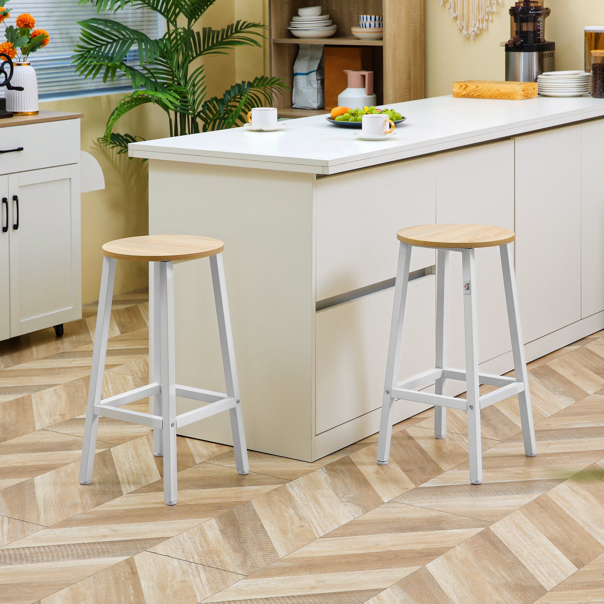 Easycomfort Set 2 Sgabelli da Cucina in Truciolato e Acciaio with Piano Liscio e Poggiapiedi, 32.5x32.5x65 cm, white e Legno
