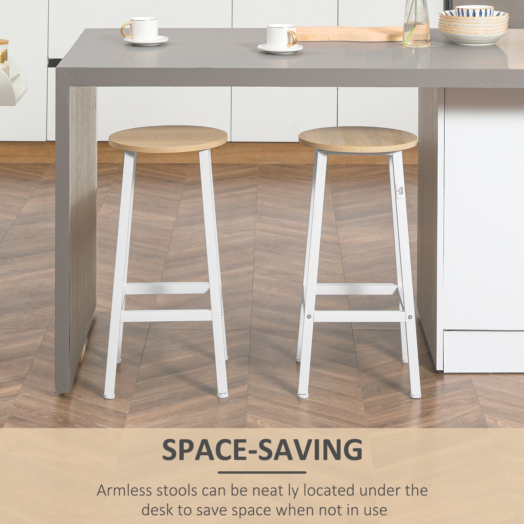 Easycomfort Set 2 Sgabelli da Cucina in Truciolato e Acciaio with Piano Liscio e Poggiapiedi, 32.5x32.5x65 cm, white e Legno