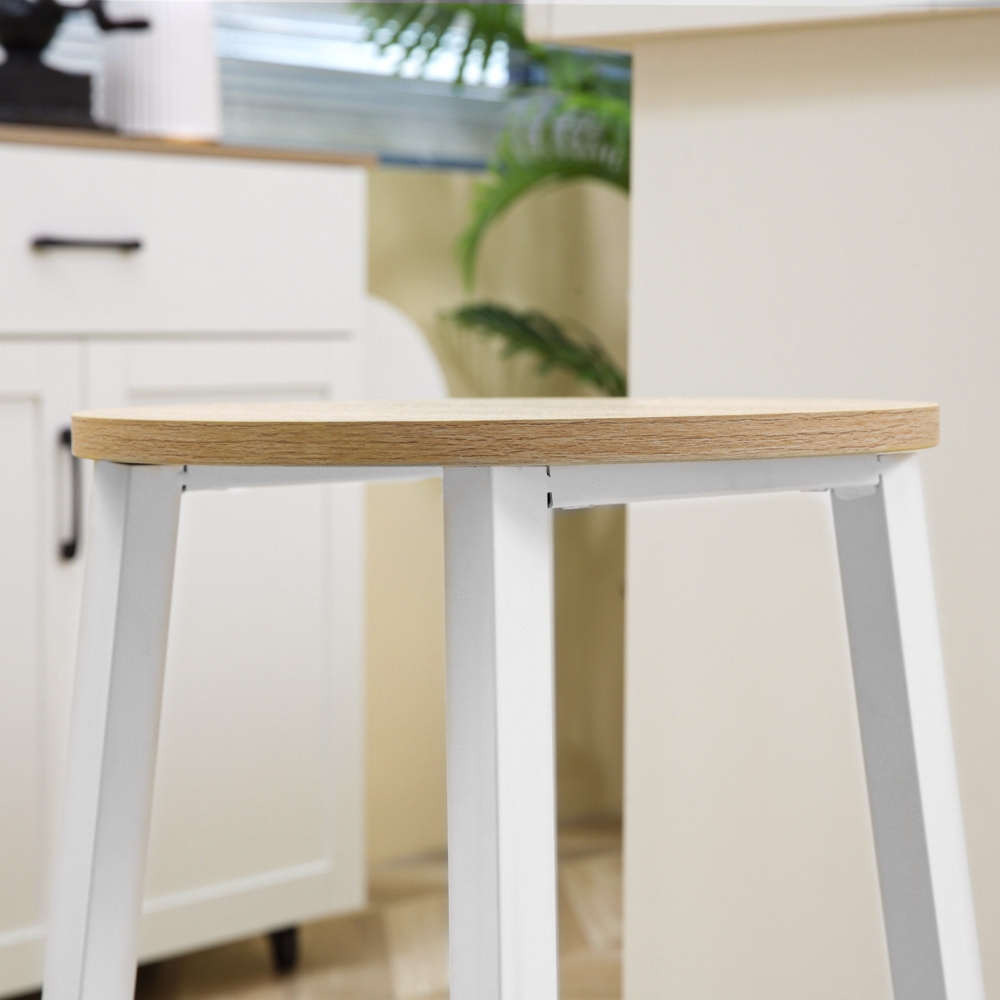 Easycomfort Set 2 Sgabelli da Cucina in Truciolato e Acciaio with Piano Liscio e Poggiapiedi, 32.5x32.5x65 cm, white e Legno