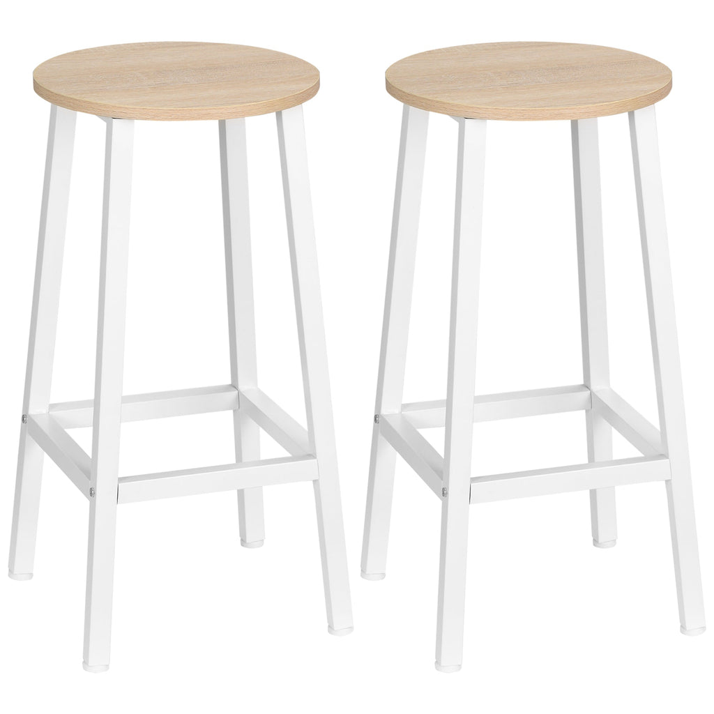 Easycomfort Set 2 Sgabelli da Cucina in Truciolato e Acciaio with Piano Liscio e Poggiapiedi, 32.5x32.5x65 cm, white e Legno