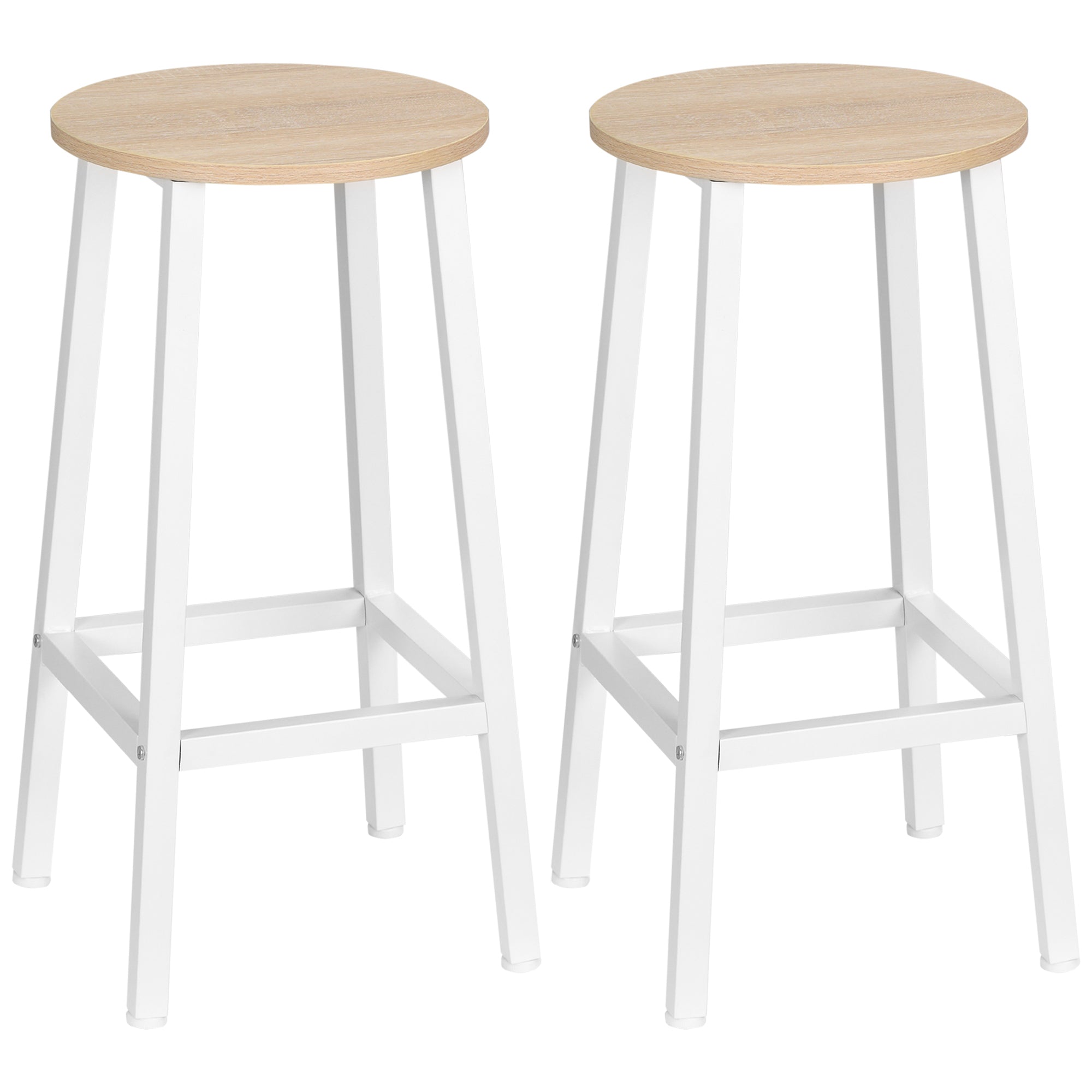 Easycomfort Set 2 Sgabelli da Cucina in Truciolato e Acciaio with Piano Liscio e Poggiapiedi, 32.5x32.5x65 cm, white e Legno