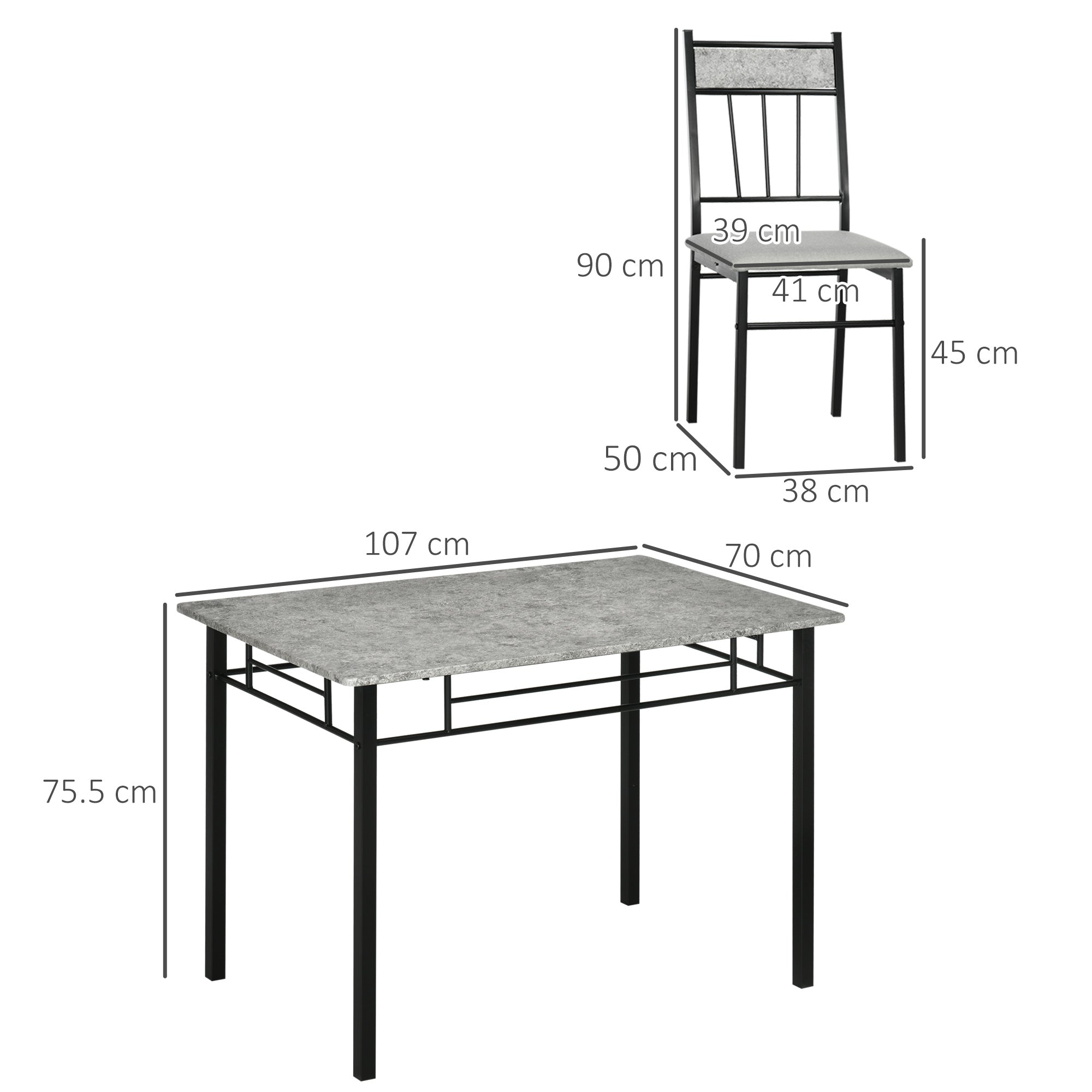 Easycomfort Set Tavolo e Sedie 5pz, Tavolo da Pranzo Rettangolare in Metallo e MDF e 4 Sedie da Pranzo Grigio e black