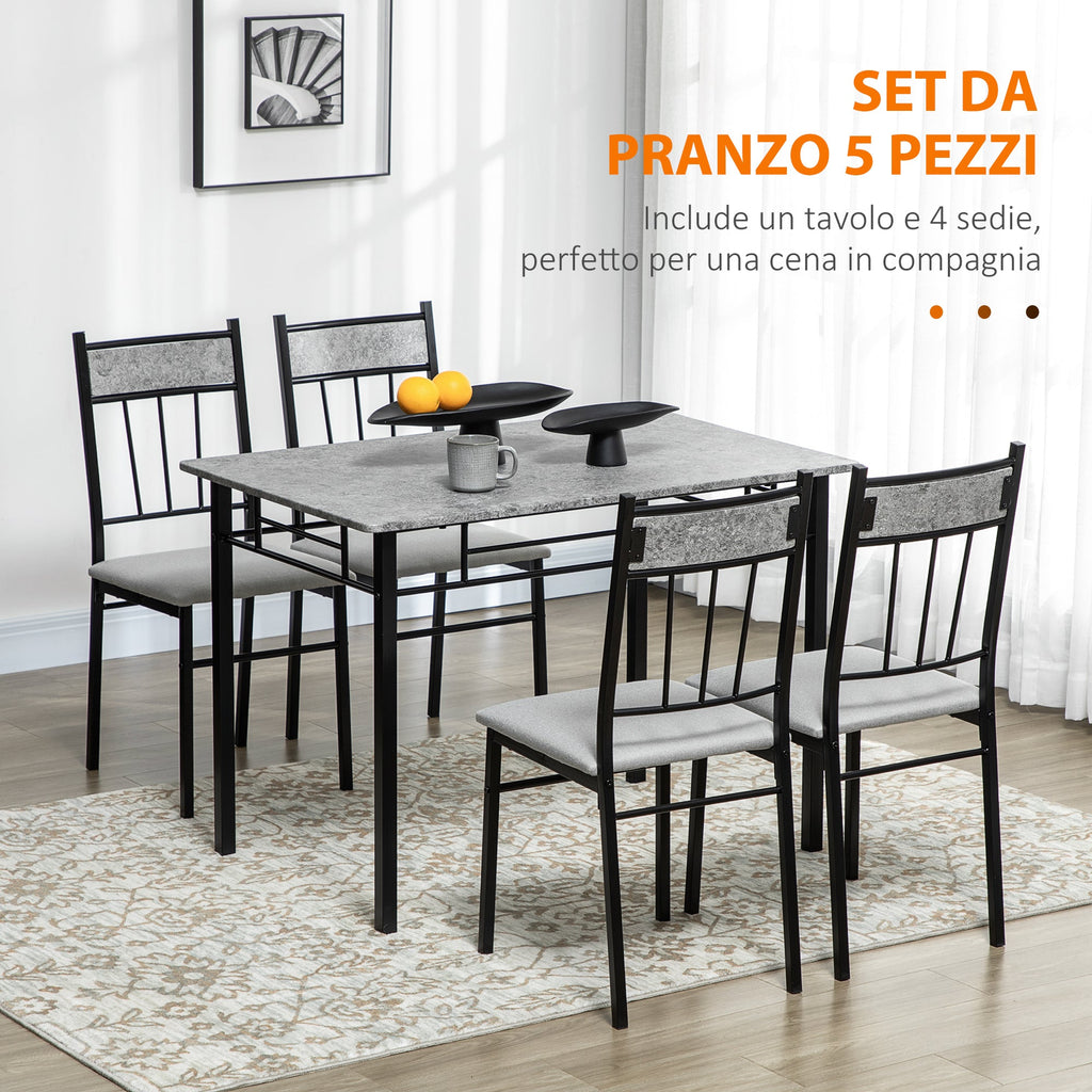 Easycomfort Set Tavolo e Sedie 5pz, Tavolo da Pranzo Rettangolare in Metallo e MDF e 4 Sedie da Pranzo Grigio e black