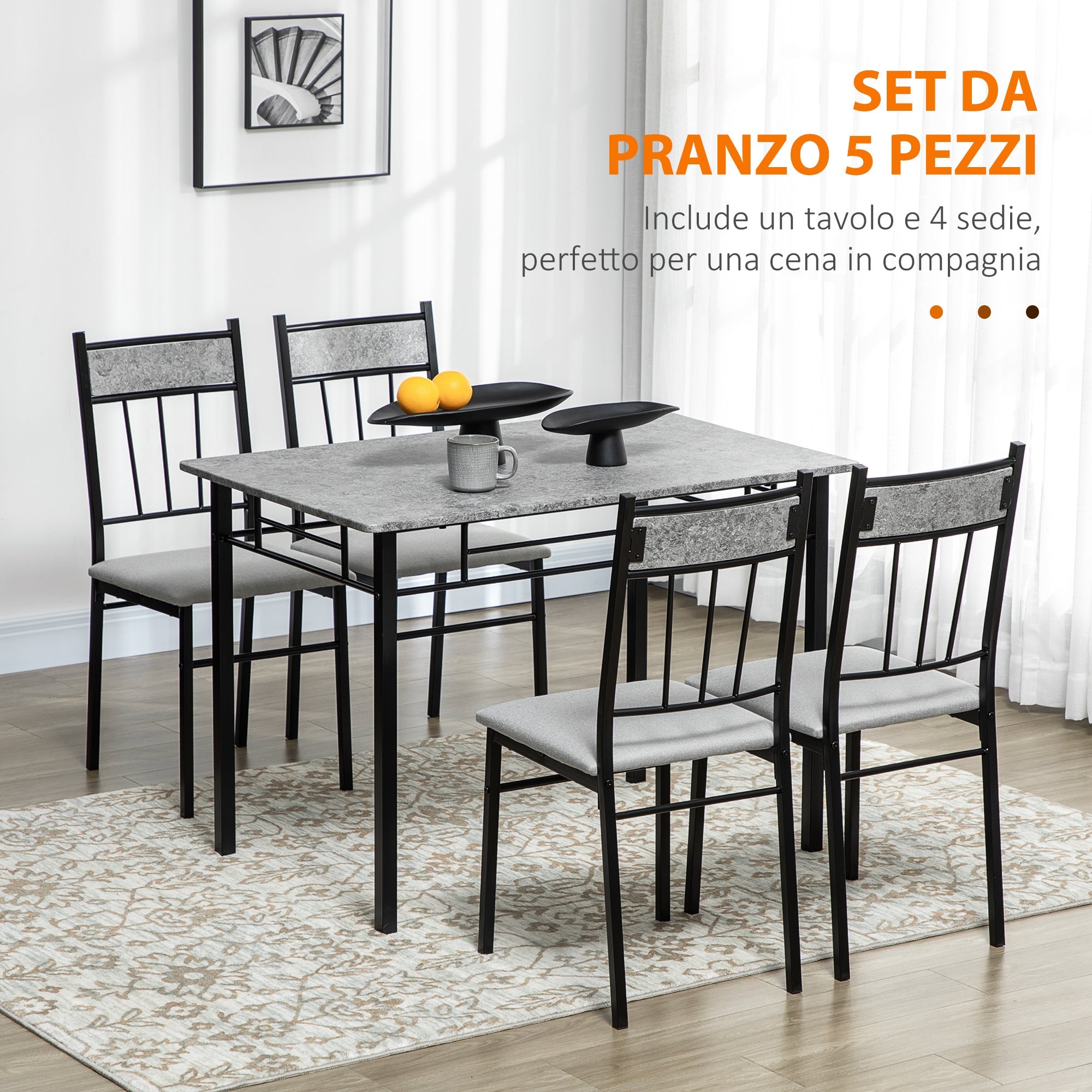 Easycomfort Set Tavolo e Sedie 5pz, Tavolo da Pranzo Rettangolare in Metallo e MDF e 4 Sedie da Pranzo Grigio e black