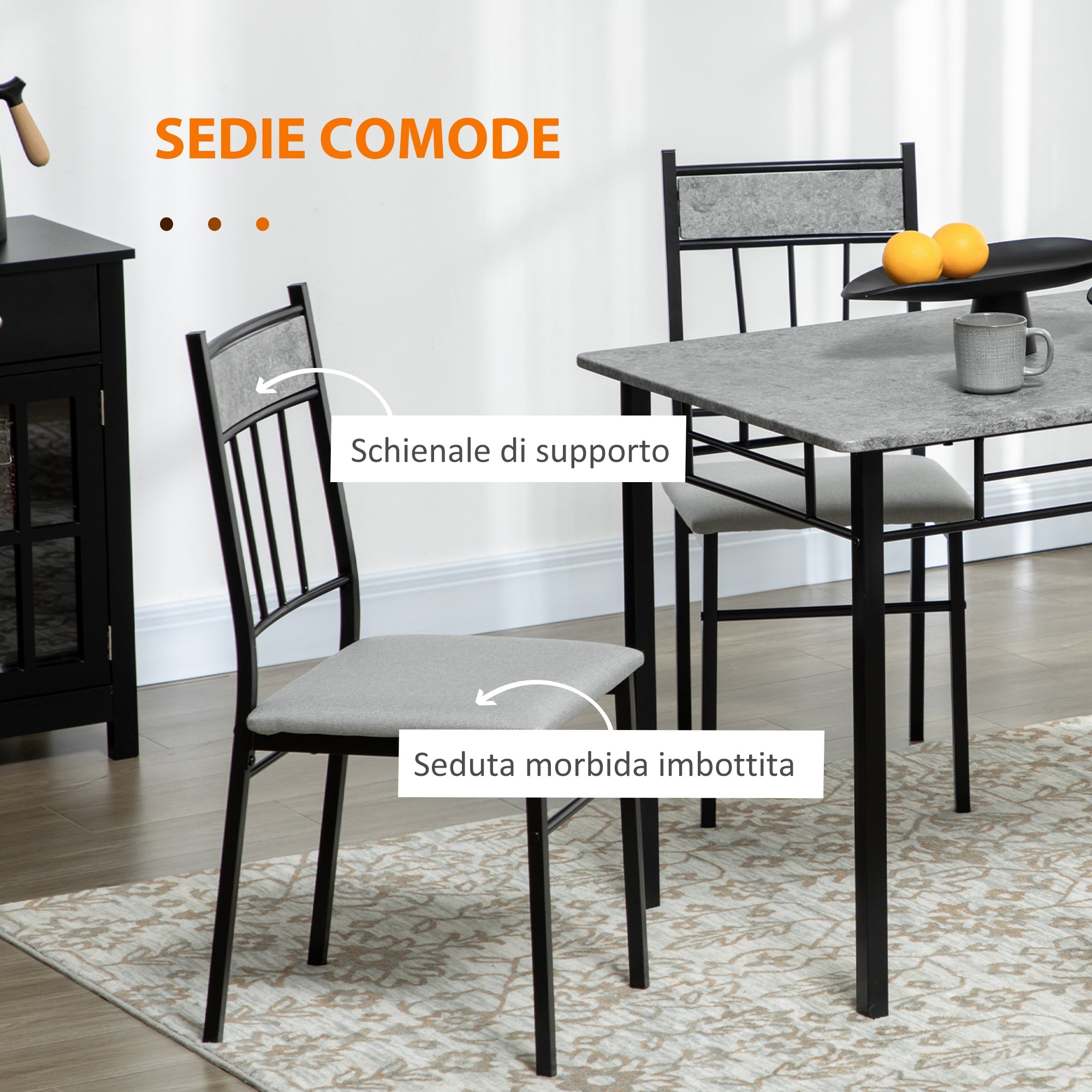 Easycomfort Set Tavolo e Sedie 5pz, Tavolo da Pranzo Rettangolare in Metallo e MDF e 4 Sedie da Pranzo Grigio e black