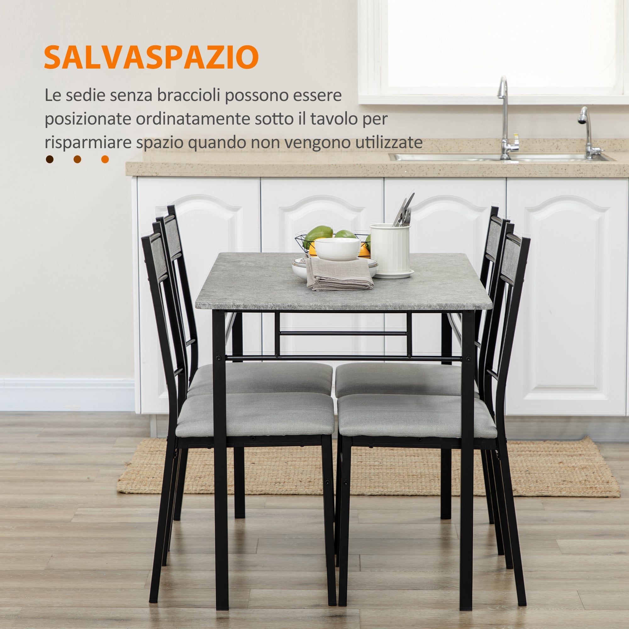Easycomfort Set Tavolo e Sedie 5pz, Tavolo da Pranzo Rettangolare in Metallo e MDF e 4 Sedie da Pranzo Grigio e black